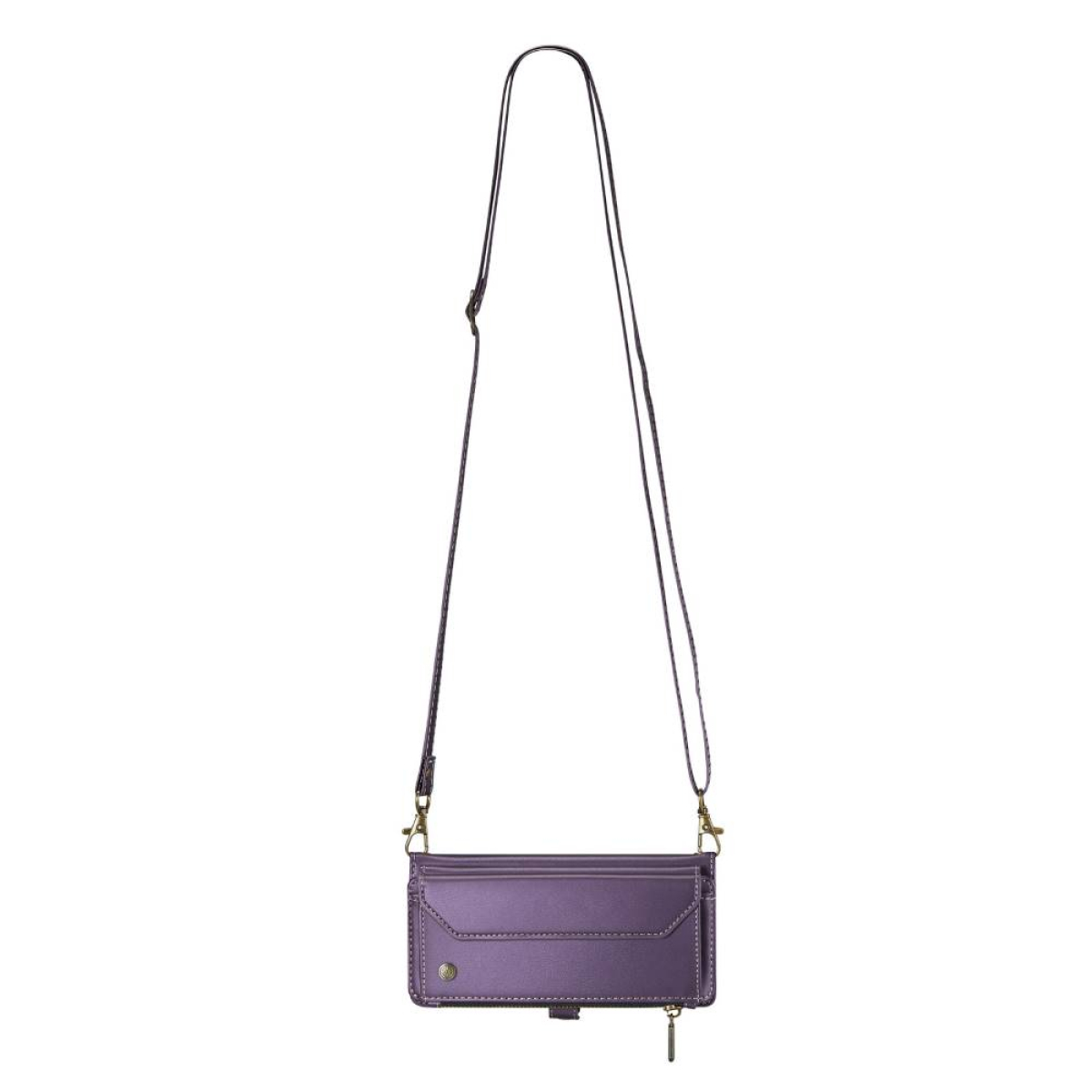 Violette Crossbody-Geldbörse mit langem Riemen und Reißverschluss.