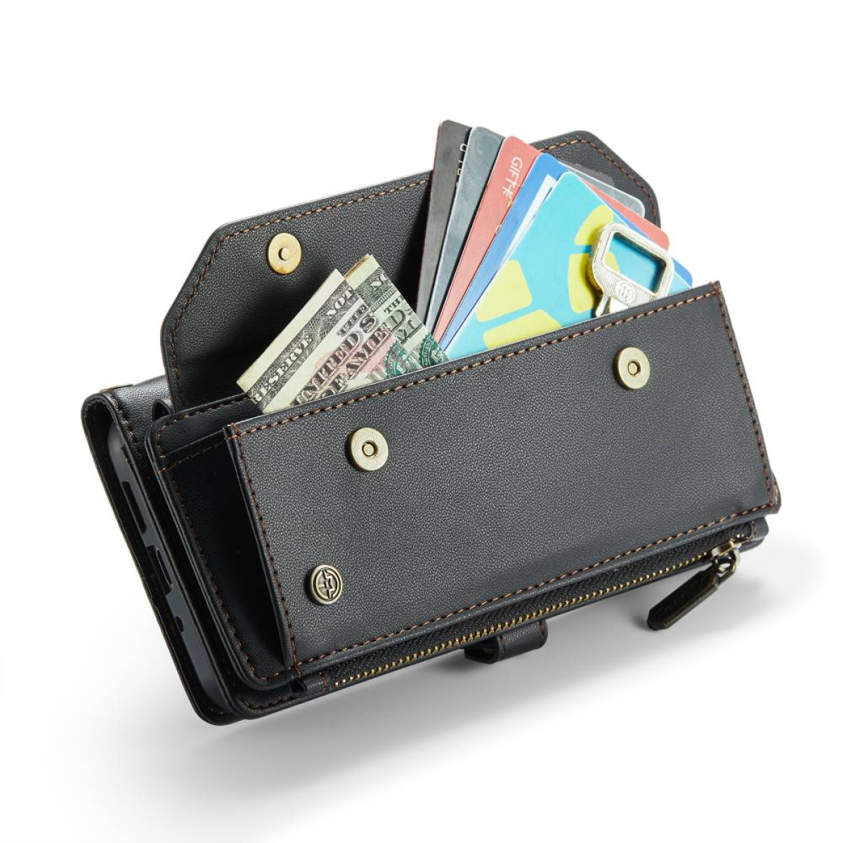 Eine schwarze Brieftasche, offen, zeigt US-Scheine und Karten. Die Brieftasche hat einen Reißverschluss und Knöpfe.