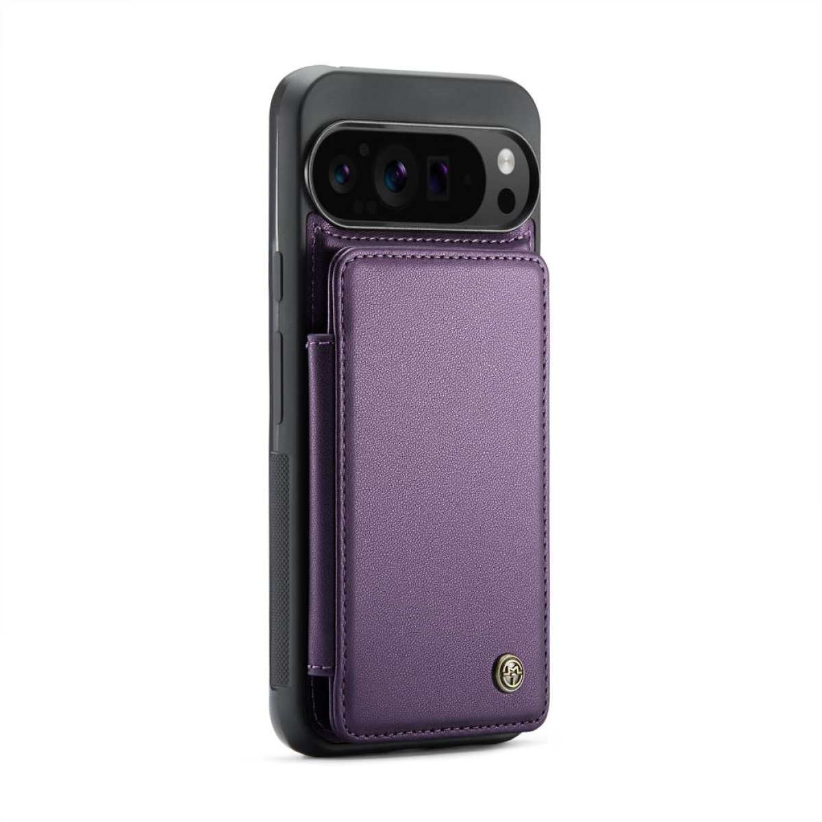 Lila Brieftaschen-Handyhülle an einem schwarzen Telefon befestigt. Die Hülle hat ein Kartenfach.
