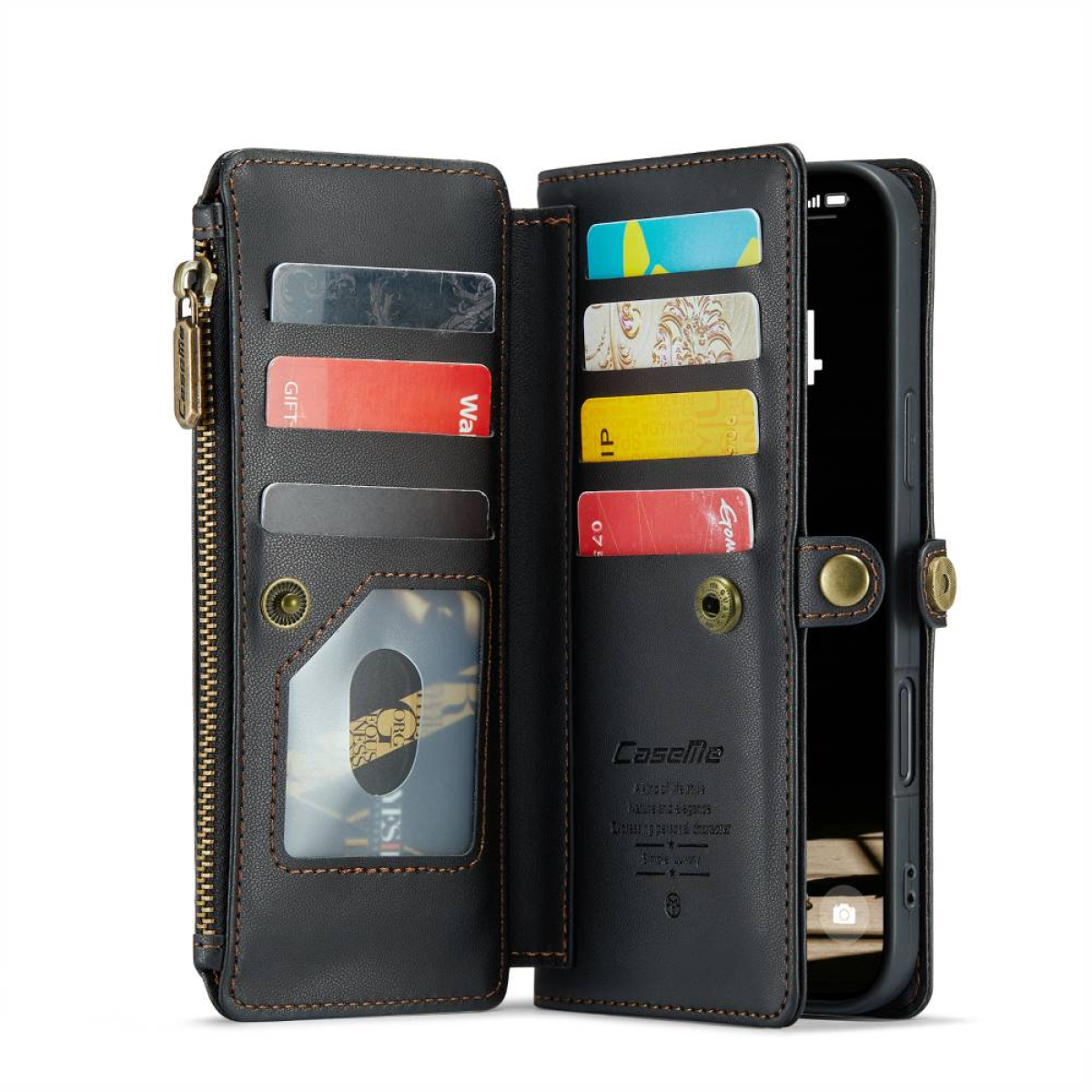 Eine schwarze Leder-Geldbörsenhülle mit Karten, einem Reißverschlussfach und einem Telefon.