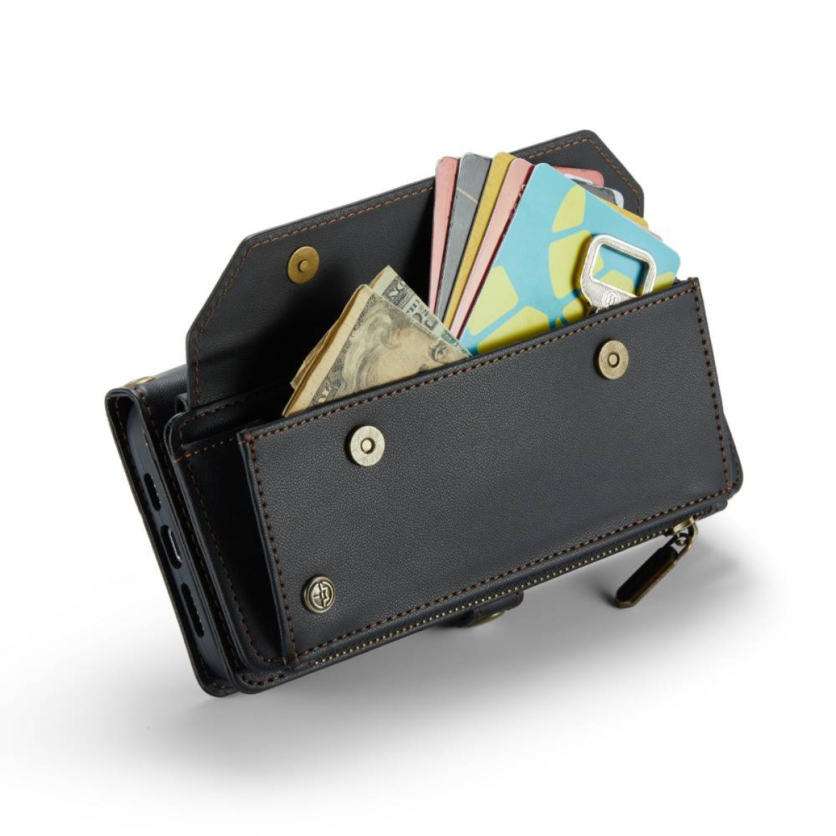 Eine schwarze Brieftaschen-Handyhülle, geöffnet, zeigt Karten, Bargeld und andere Gegenstände im Inneren.