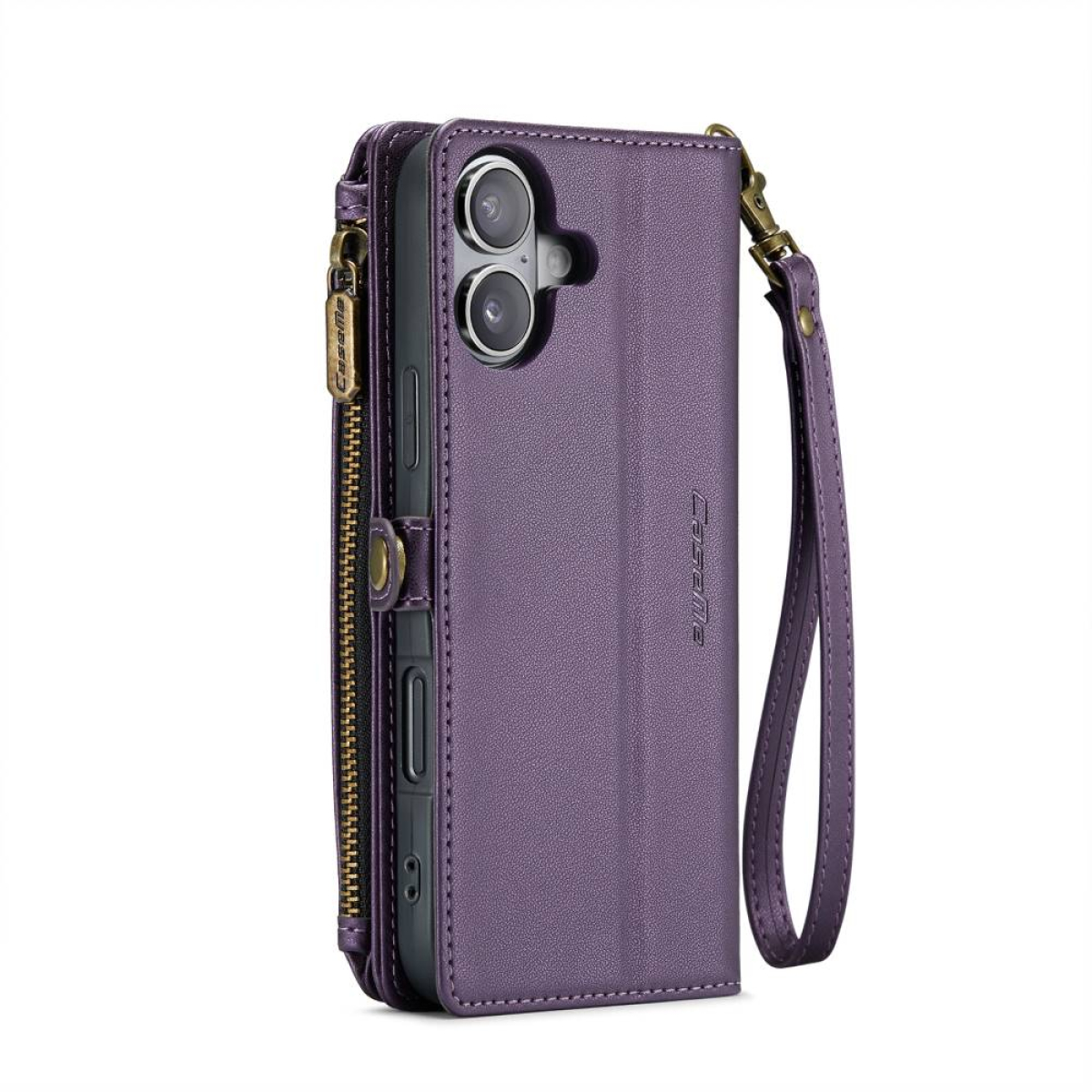 Lila Handy-Geldbörsen-Etui mit Reißverschluss, mehreren Kartenfächern und Handschlaufe.