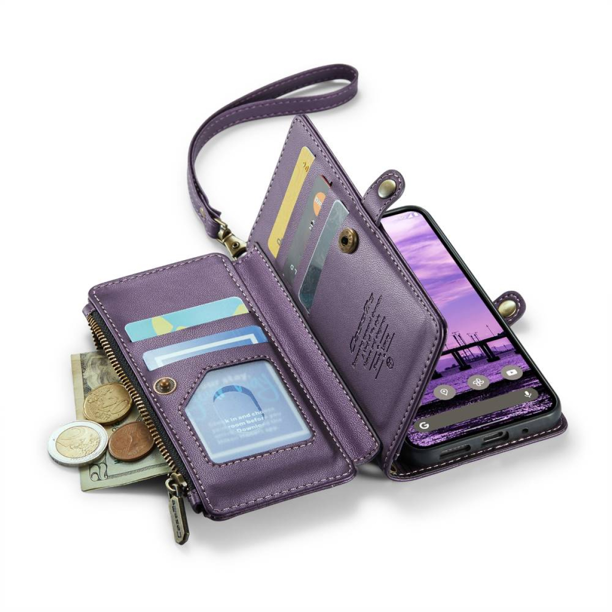 Eine lila Handyhülle im Brieftaschenstil mit Karten, Geld und einem Telefon. Mit Reißverschluss und Riemen.