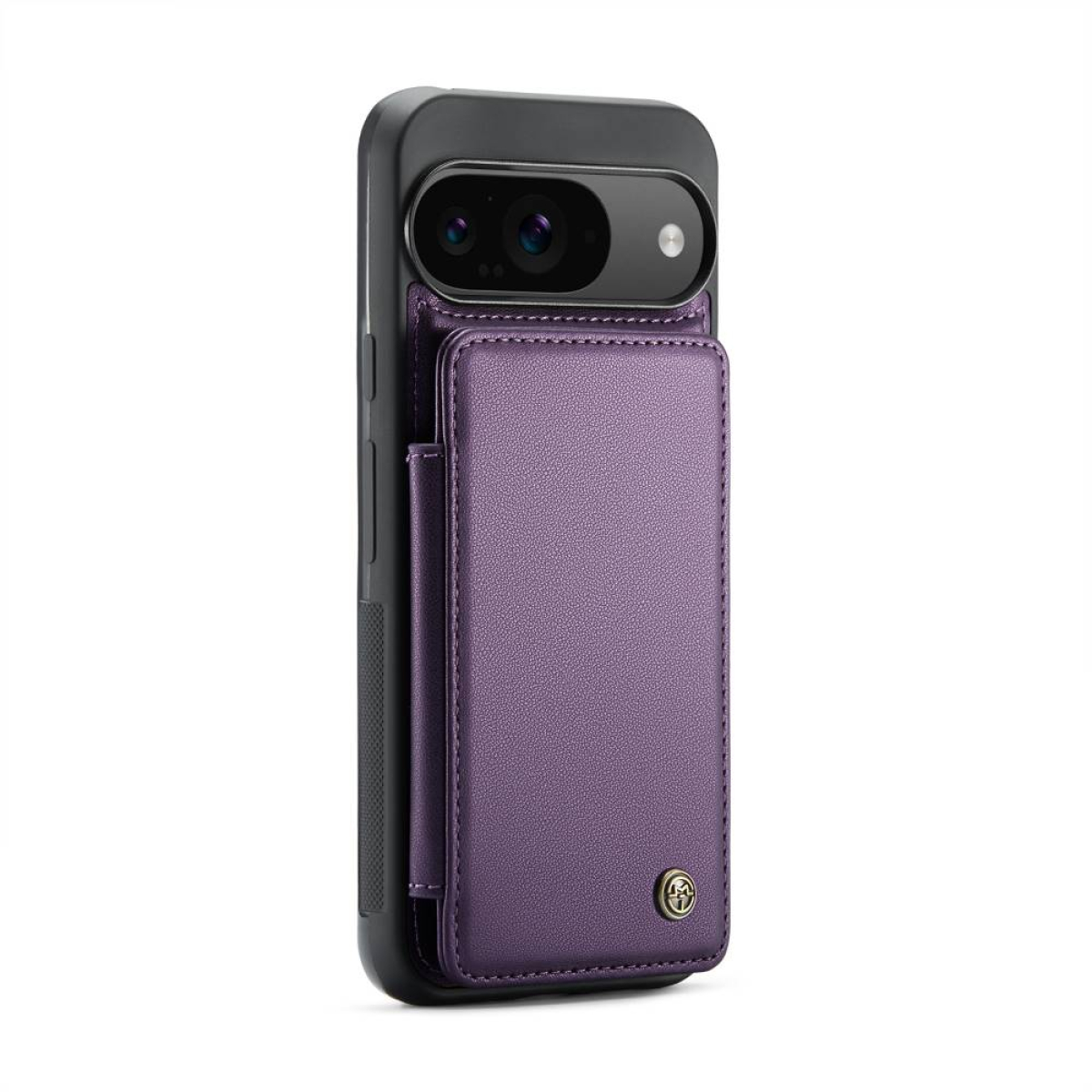 Lila Handyhülle mit Kartenhalter. Schwarzes Telefon befindet sich in der Hülle.