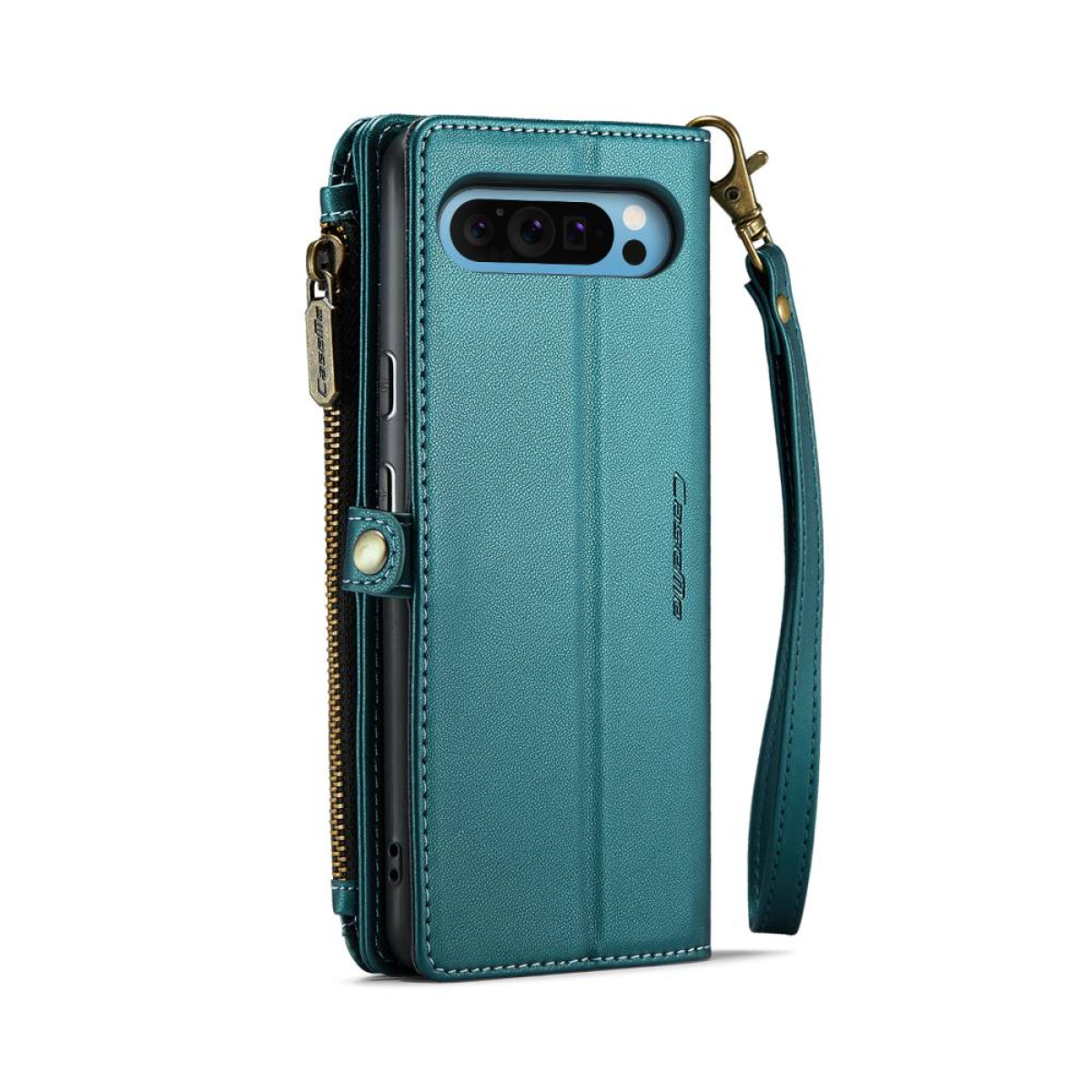 Türkisfarbenes Handycase mit Reißverschluss, Riemen und Telefon. Hülle hat ein Kartenfach.
