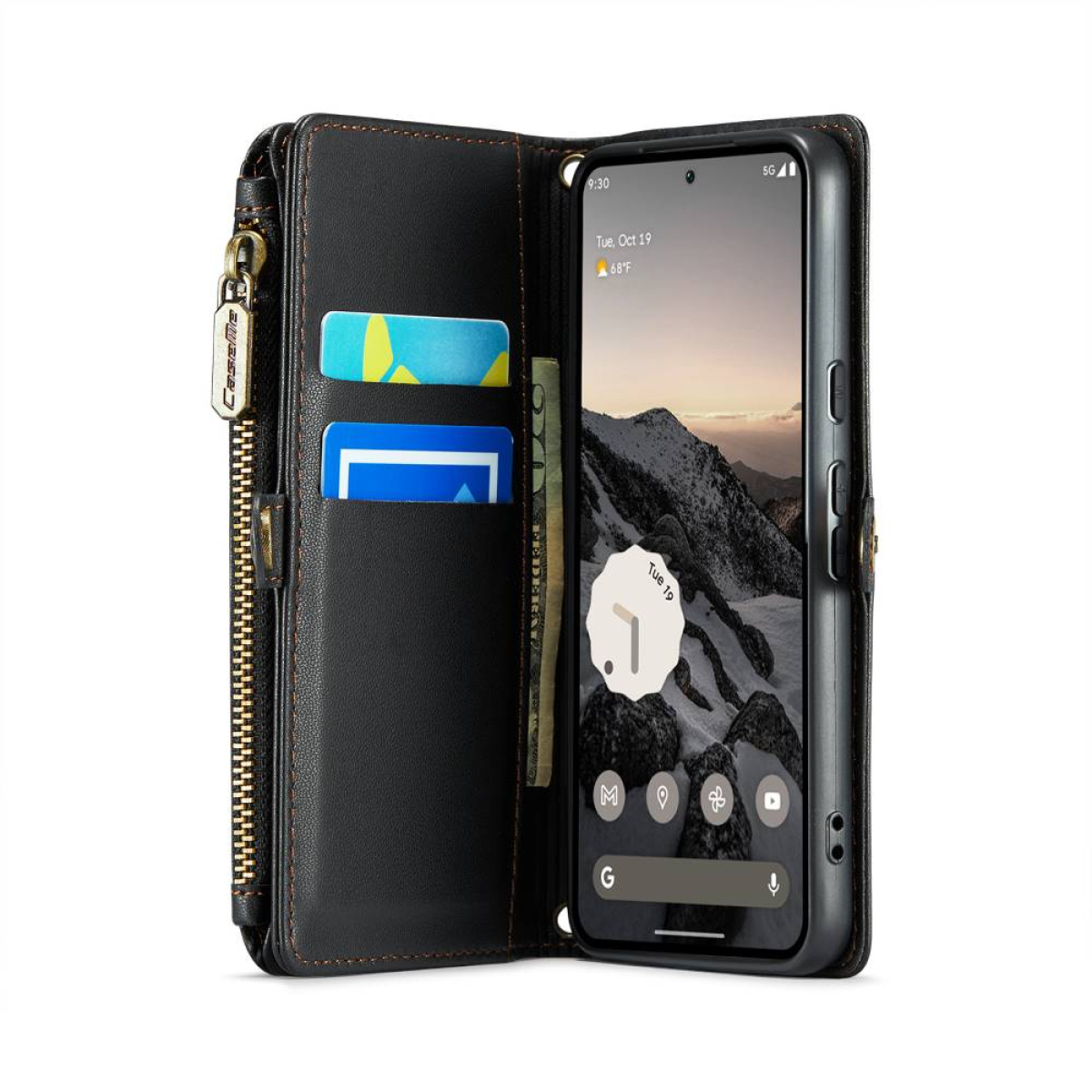 Schwarzes Leder-Handy-Etui mit Karten und sichtbarem Telefon. Das Telefon zeigt eine Berglandschaft.