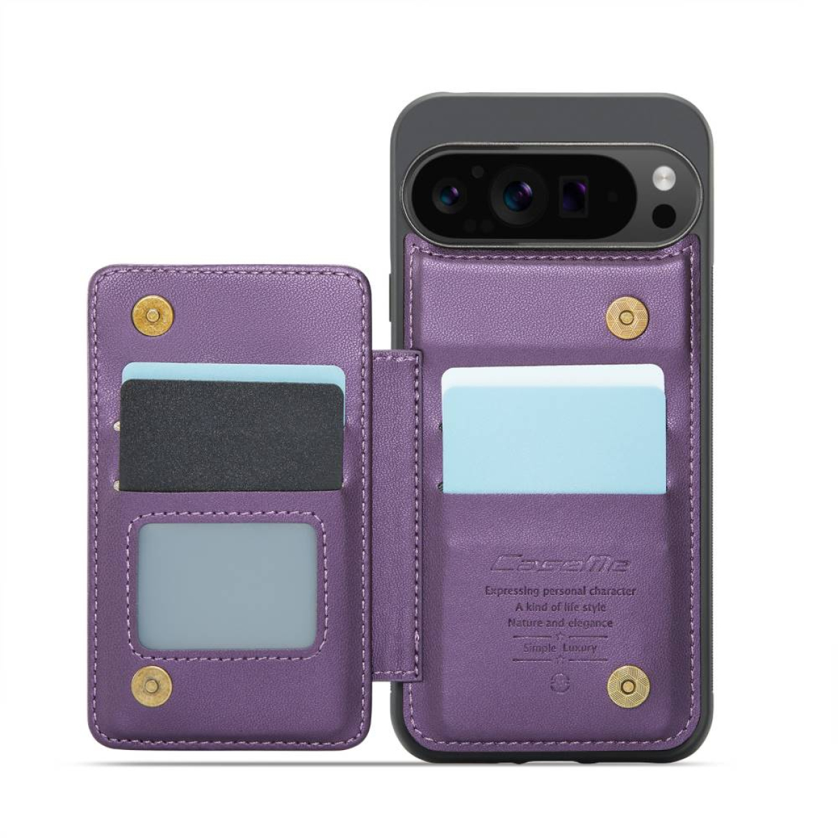 Lila Handyhülle mit Kartenfächern und einer Abdeckung. Telefon ist in der Hülle. Text: 'Simple Luxury'.