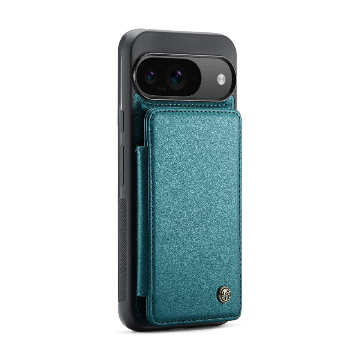 Telefon in schwarzem Gehäuse mit teal-farbener Geldbörse. Das Telefon hat eine Kamera. Die Geldbörse hat ein goldenes Logo.