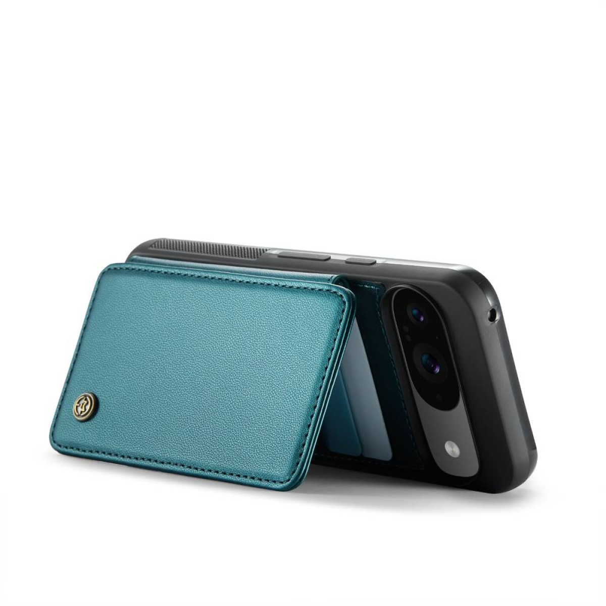 Eine türkisblaue Handyhülle aufgeklappt. Das Telefon und die Kamera sind sichtbar.