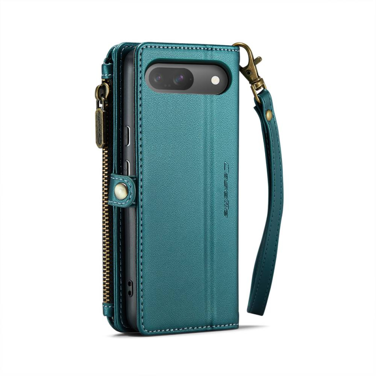 Türkisfarbenes Leder-Handycase mit Handschlaufe. Es hat einen Reißverschluss, einen Knopf und ein Kamera Loch.