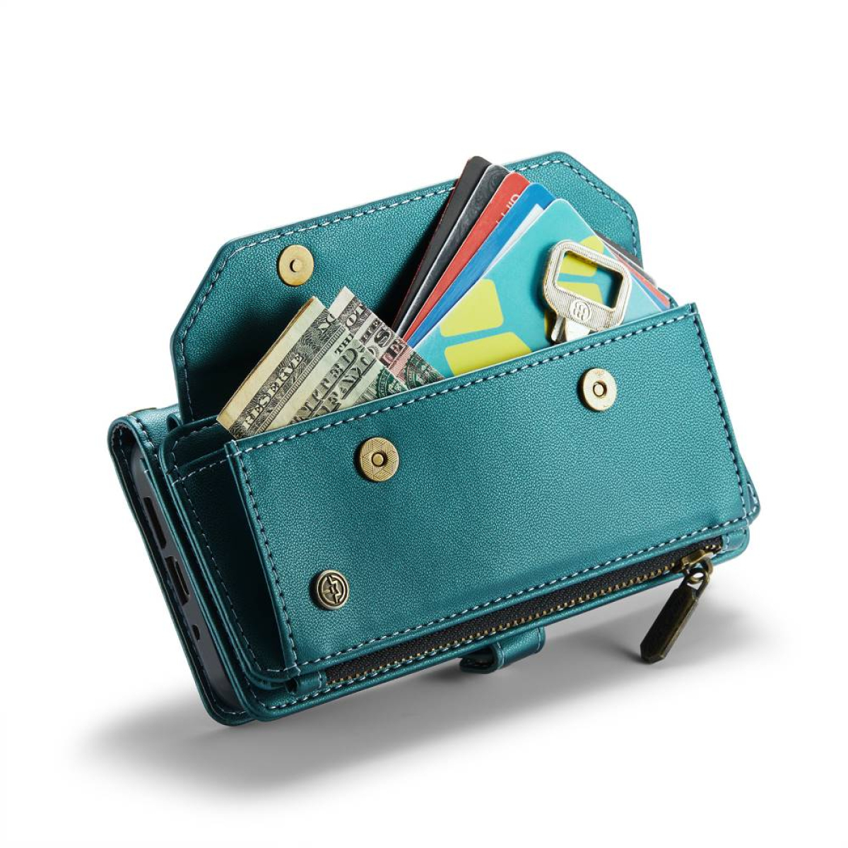 Türkisfarbene Brieftaschen-Handyhülle mit Bargeld, Karten und einem Schlüssel. Geöffnet und dargestellt.