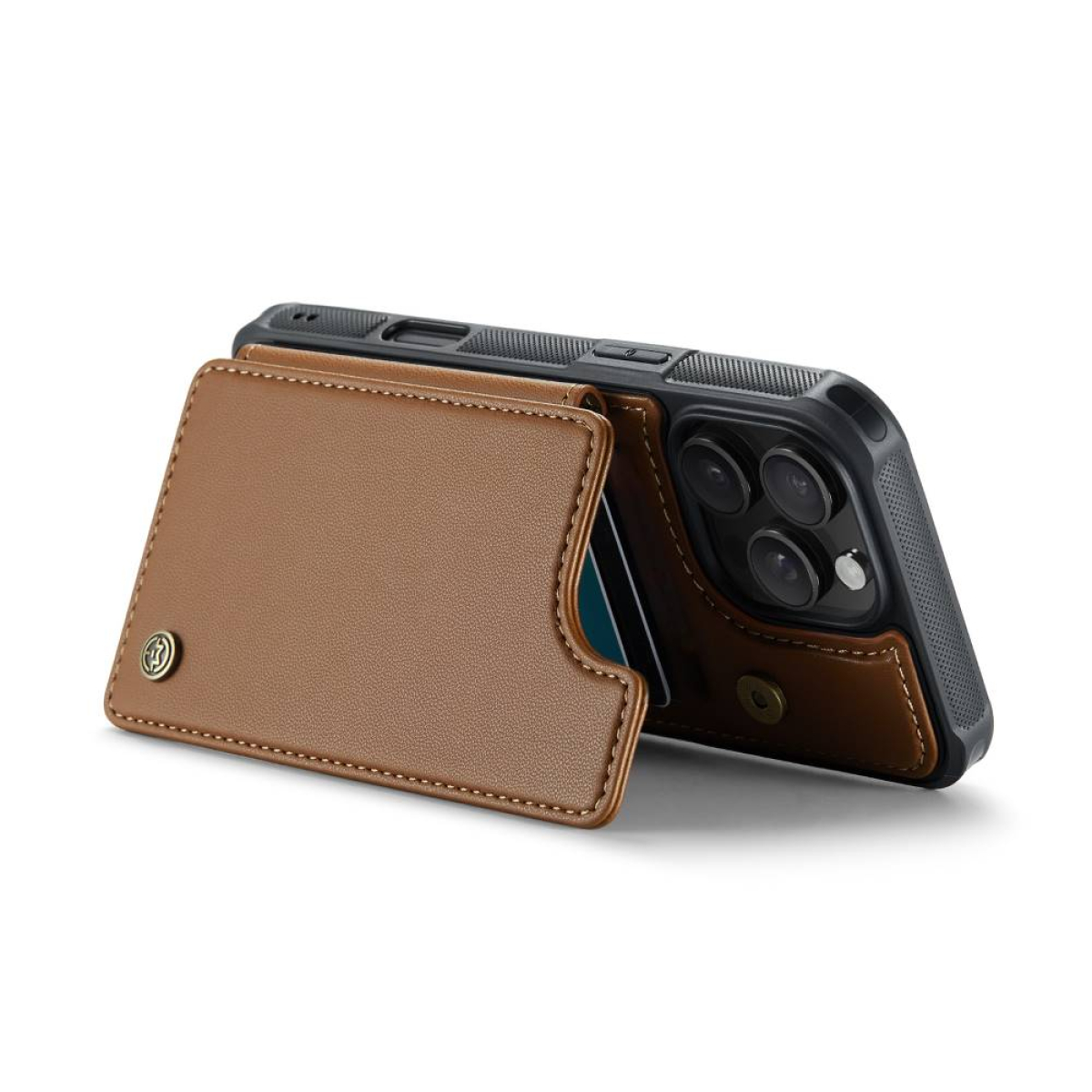 Eine braune Handyhülle mit angebrachtem Kartenhalter, die ein Telefon zeigt.