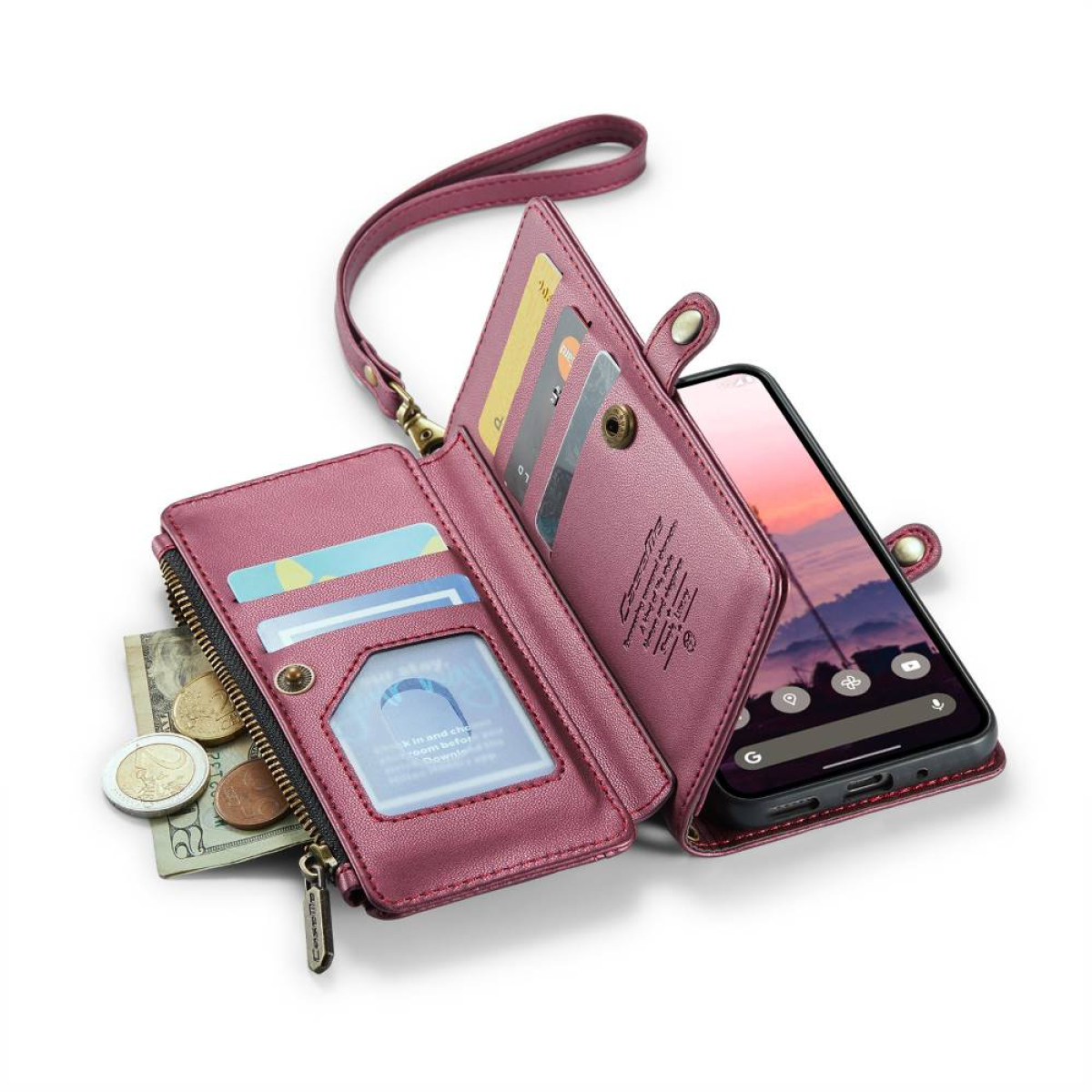Geöffnete pinkfarbene Brieftaschen-Handyhülle. Mit Karten, Geld und Telefon.