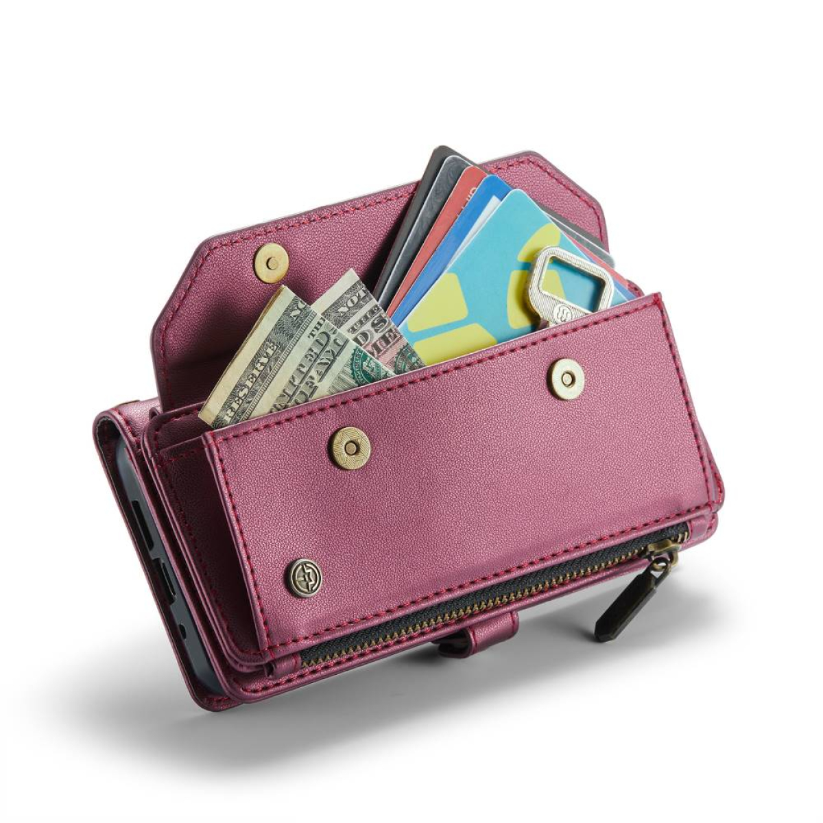 Geöffnete Brieftasche mit Geld und Karten darin. Es ist eine kastanienbraune Farbe.