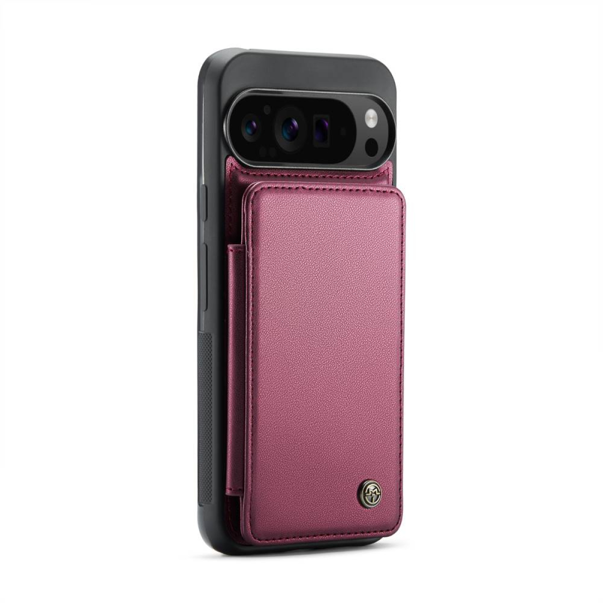 Ein Telefon mit burgunderfarbener Hülle. Das Telefon befindet sich in einer schwarzen Hülle mit einem burgunderfarbenen Portemonnaie auf der Rückseite.