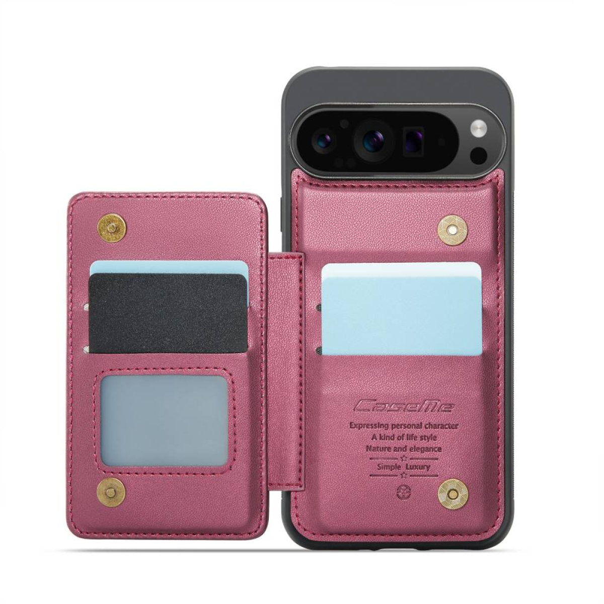 Rosa Handyhülle mit Kartenfächern. Das Telefon ist in der Hülle. Weißer Hintergrund.