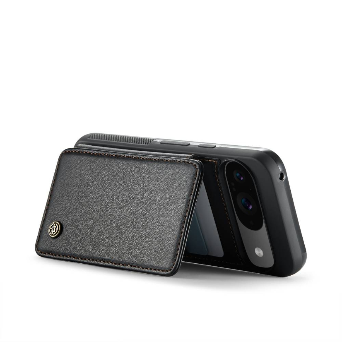 Ein schwarzes Telefon mit einer schwarzen Leder-Geldbörsenhülle in stehender Position.