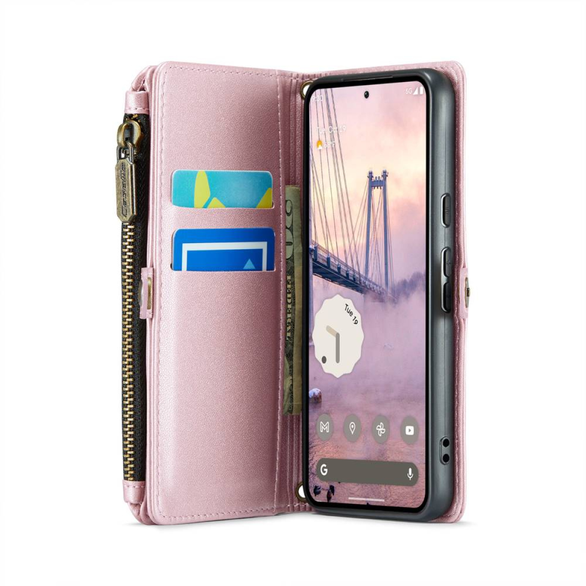 Rosa Handyhülle mit Geldbörse und Telefon mit Brückenbild. Karten und Bargeld sind sichtbar.
