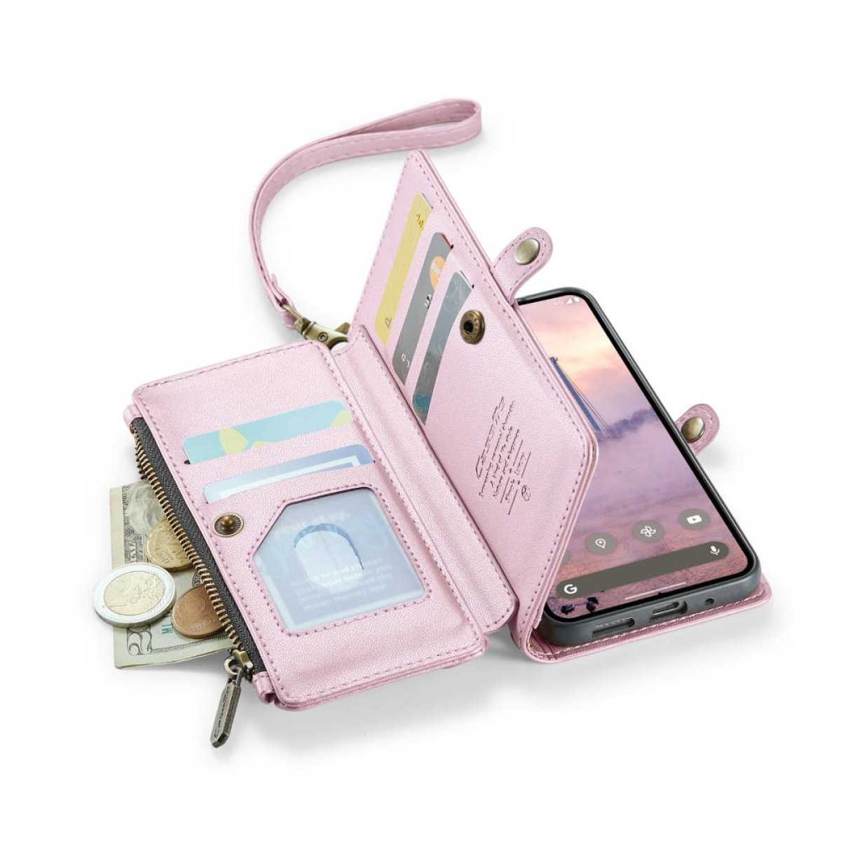 Rosa Geldbörsenetui mit Karten, Bargeld und Telefon mit Startbildschirm. Weißer Hintergrund.