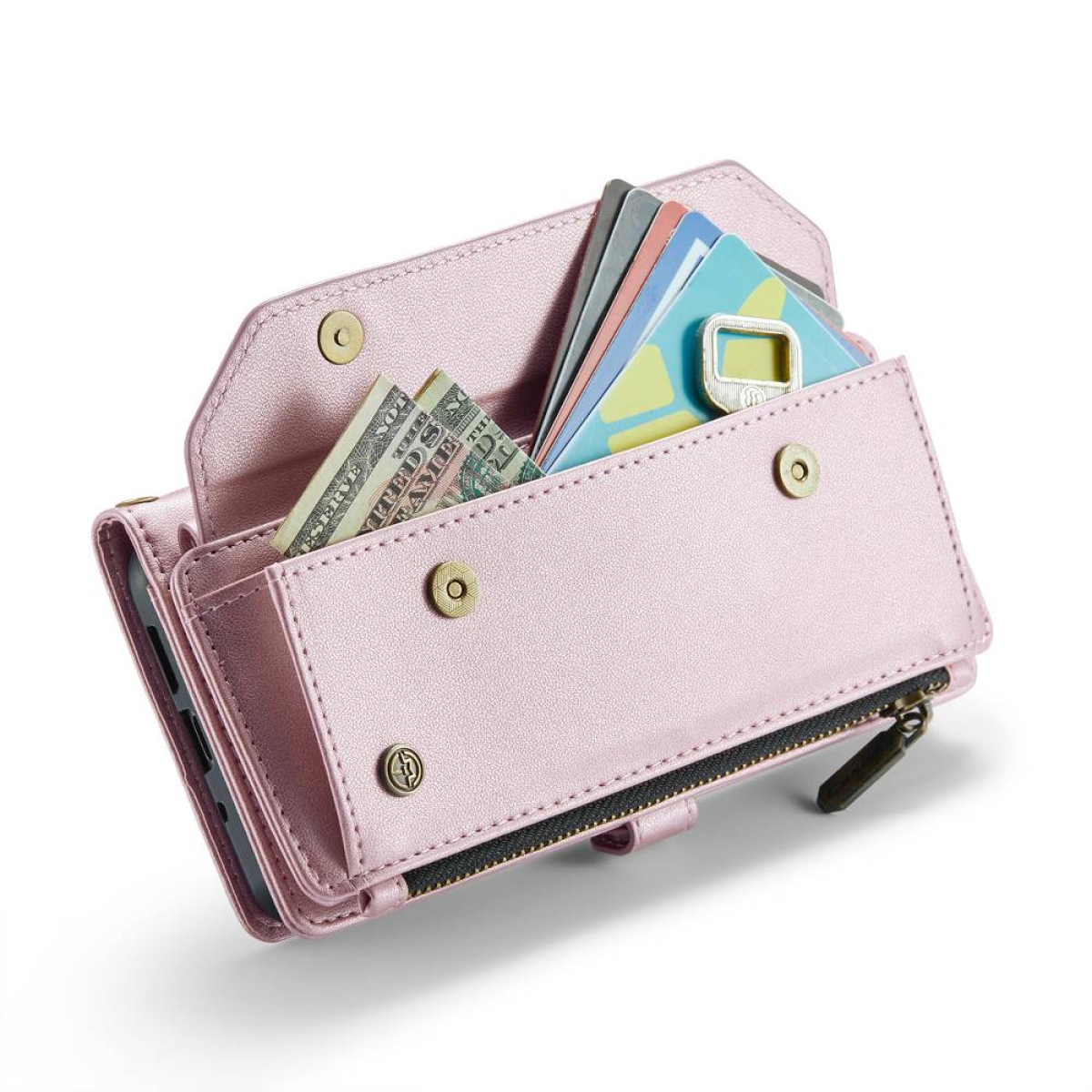 Rosa Handy-Geldbörse geöffnet, Karten und Bargeld sichtbar, Reißverschlussfach.