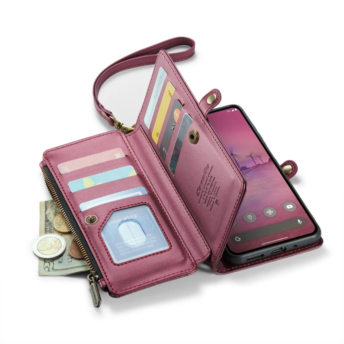 Geöffnete rosa Brieftasche mit Bargeld, Karten und Telefon. Auf weißer Oberfläche.