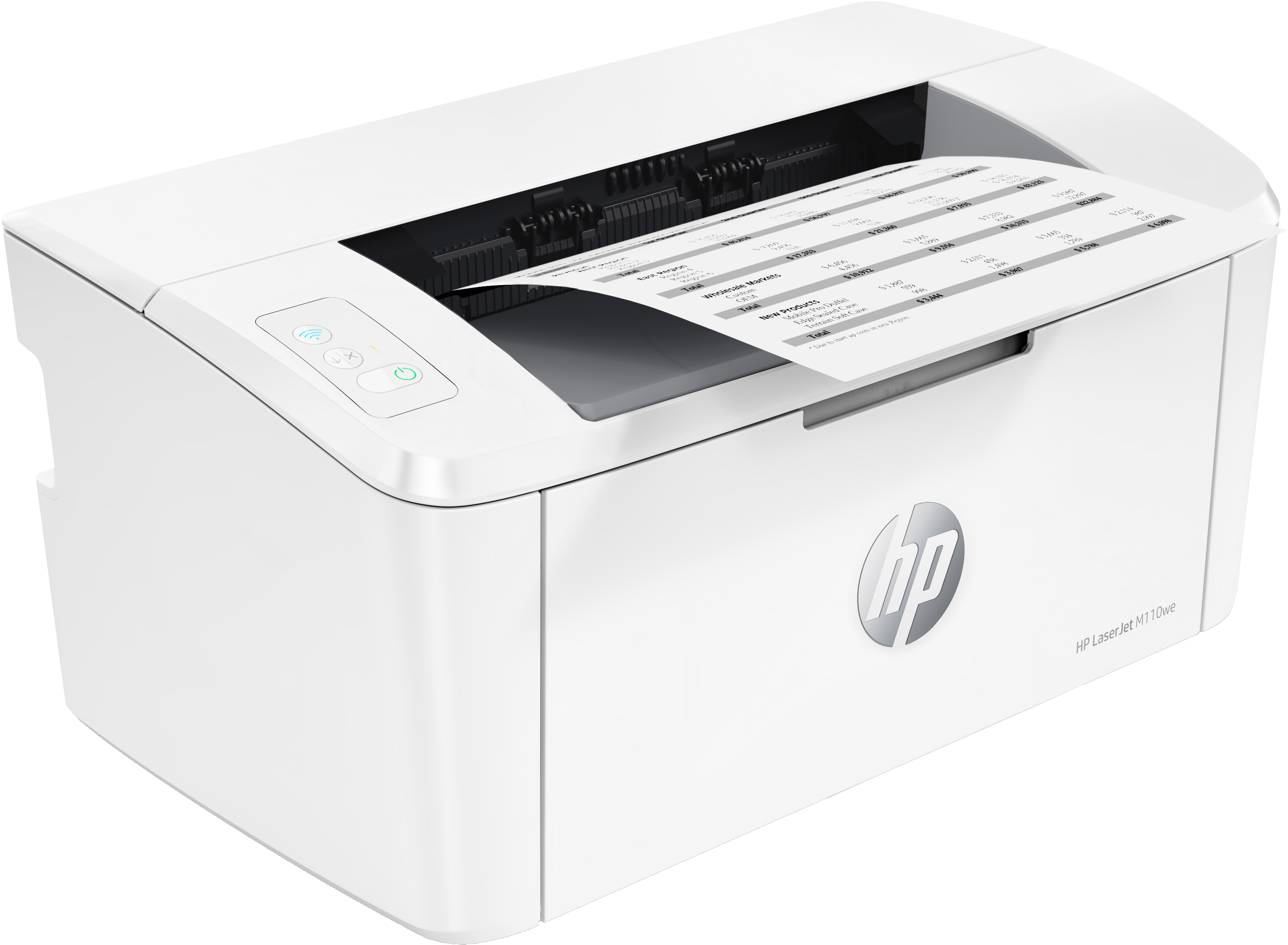 Una stampante HP Laserjet bianca. Un foglio di carta esce dalla stampante con del testo.