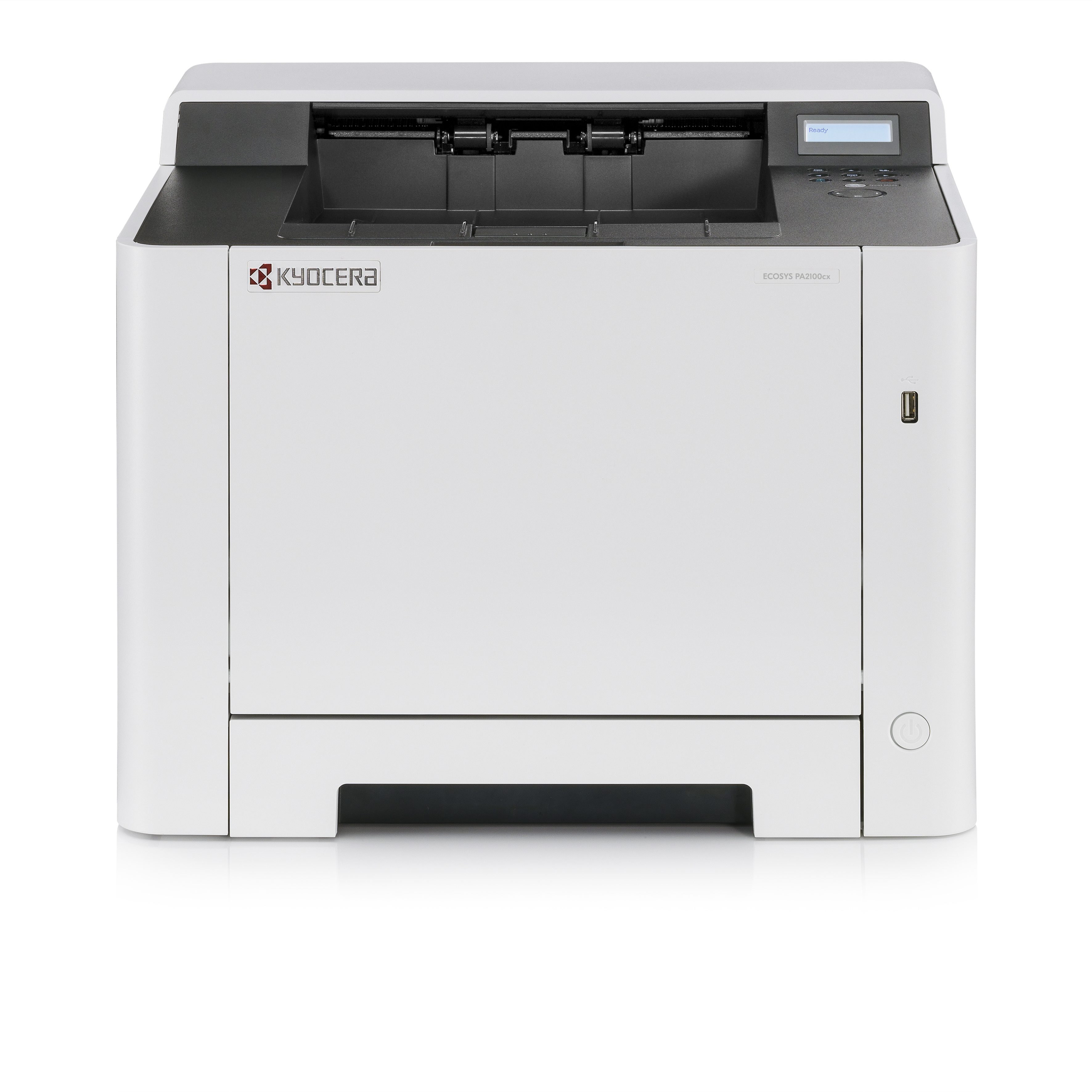 Una stampante Kyocera bianca con il logo Kyocera. È una stampante laser con vassoio carta e pannello di controllo.