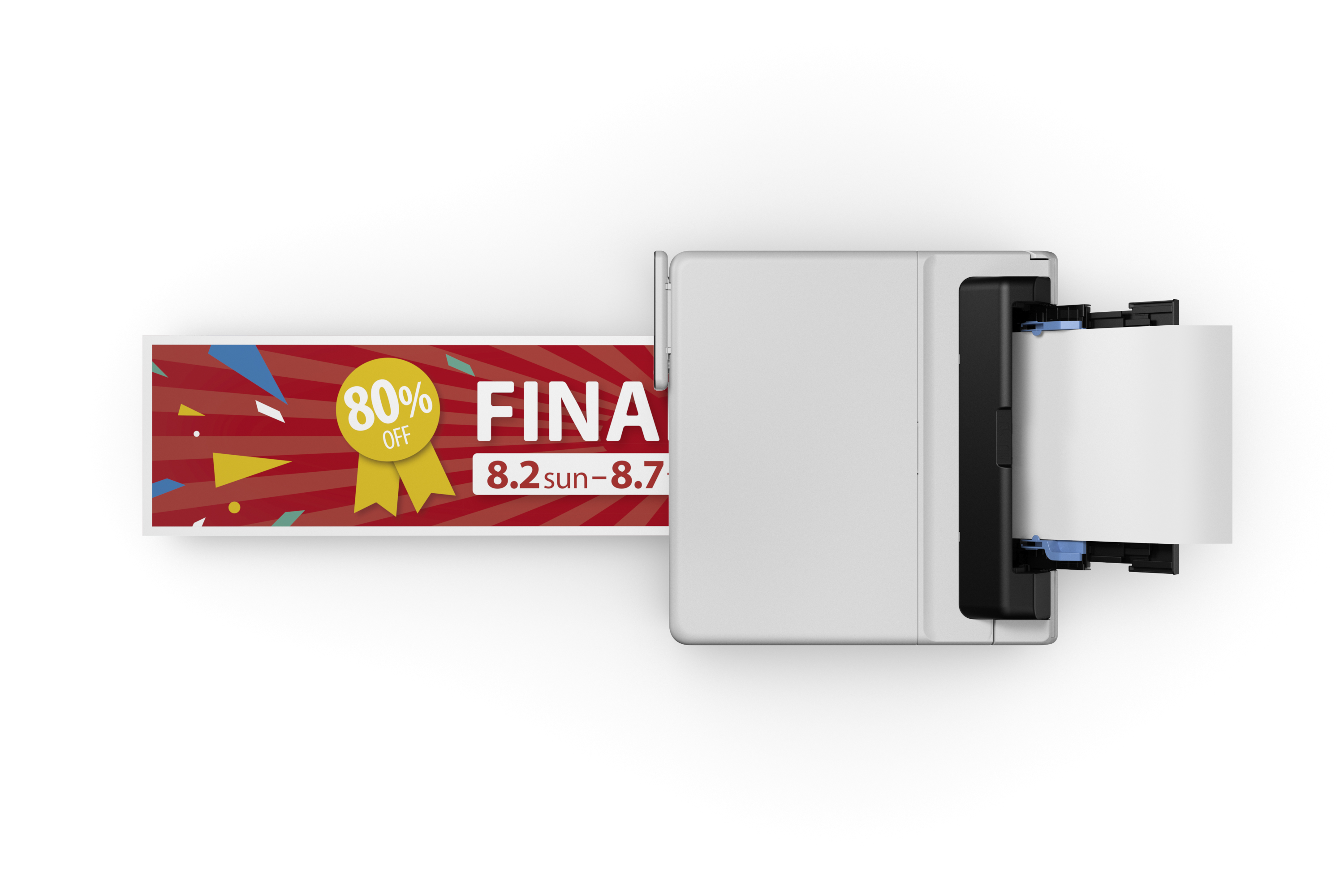 Biała drukarka z bannerem 80% zniżki. Papier w środku i na zewnątrz.