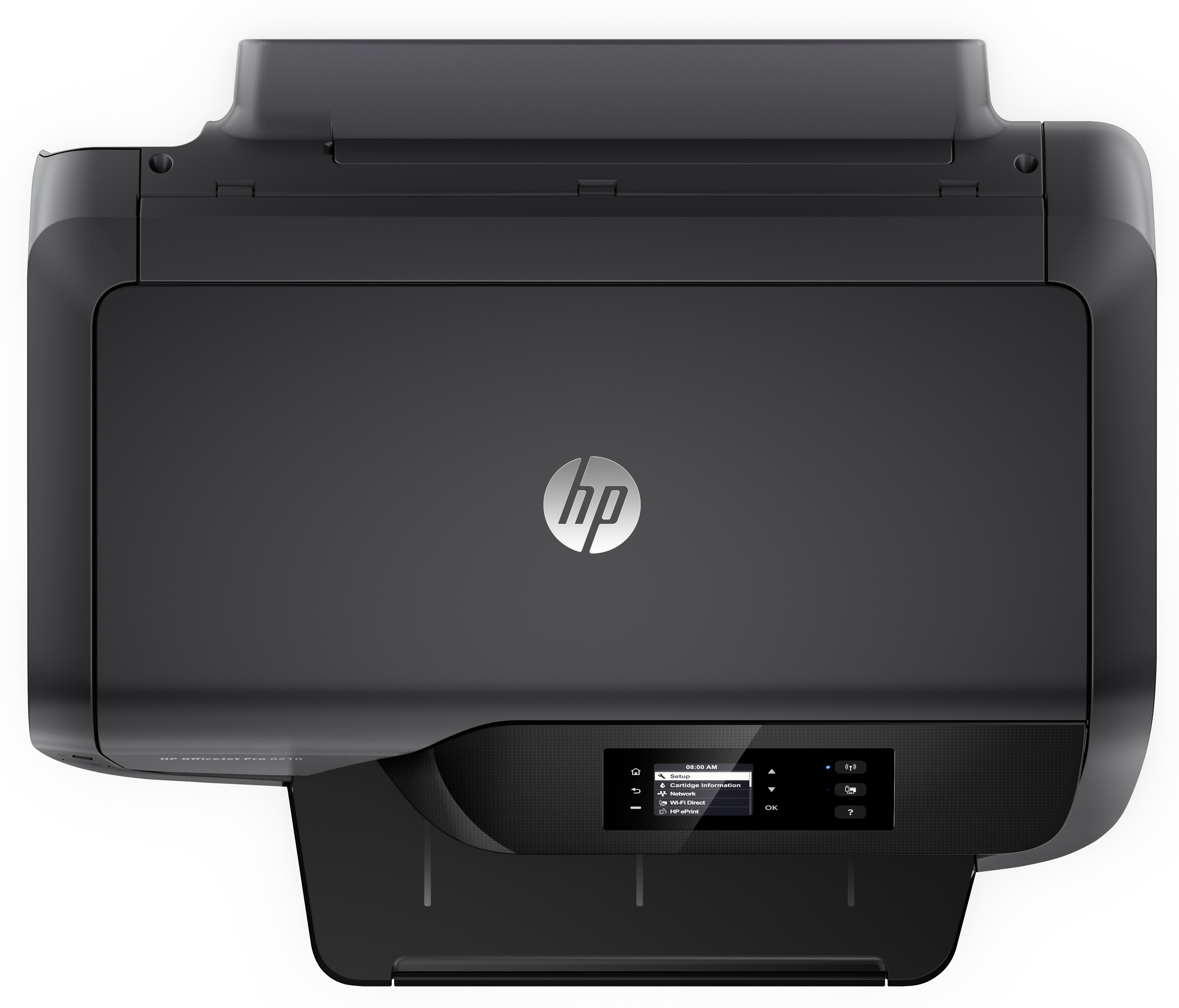 Impresora HP negra, vista superior. Tiene una pantalla. Muestra el logotipo de HP.