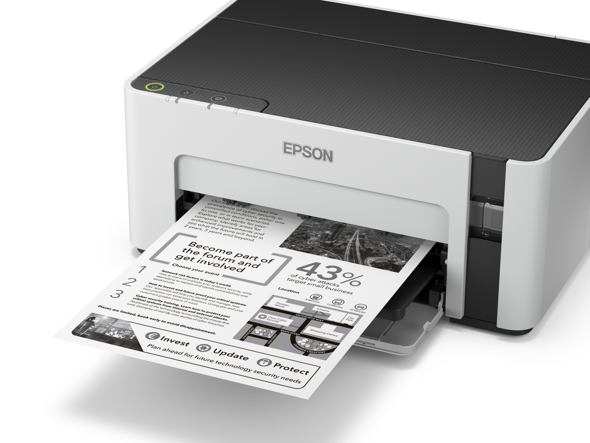 Drukarka Epson drukująca dokument z tekstem i grafiką. Czarno-biały design.