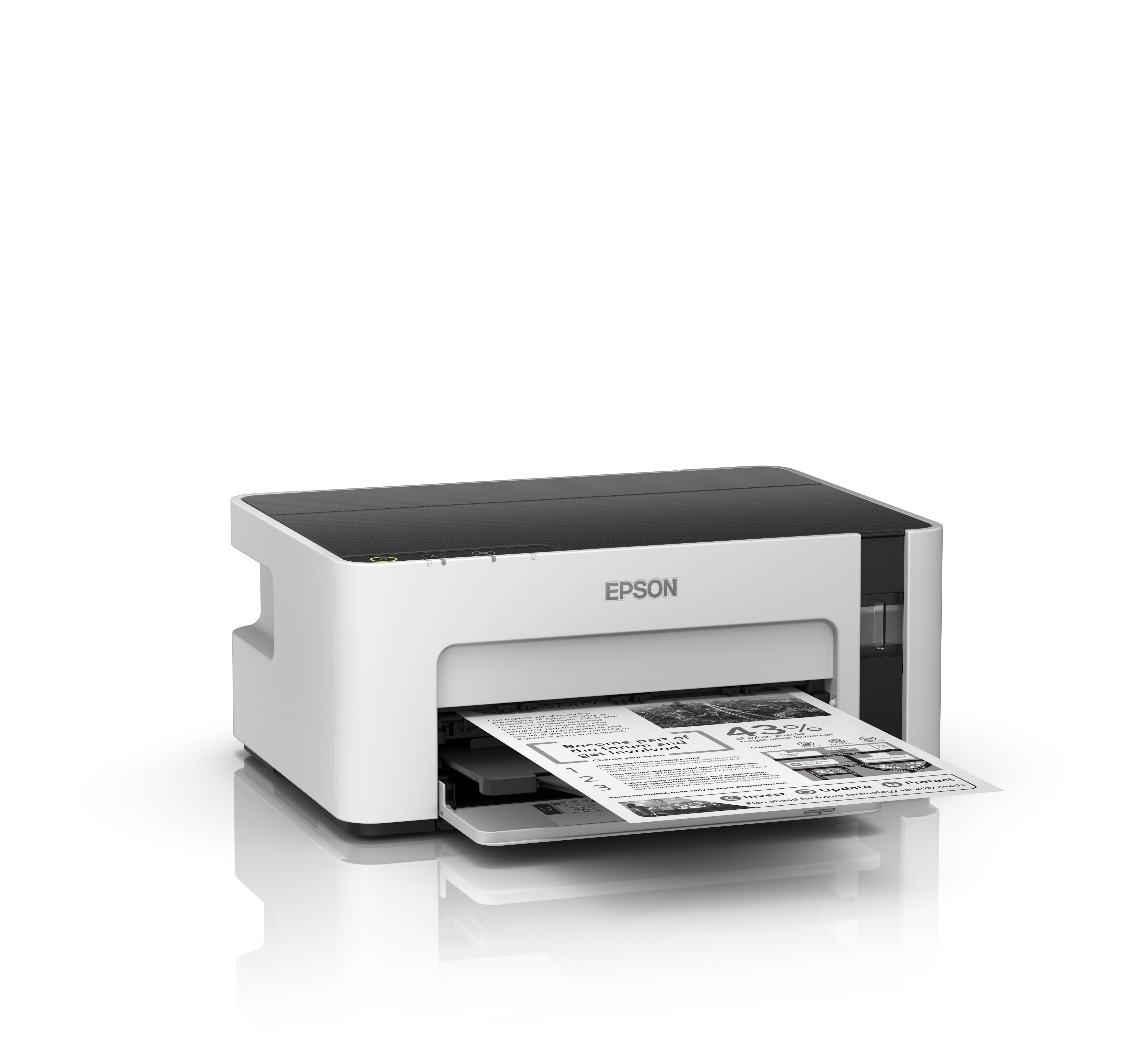 Drukarka Epson, biało-czarna, z tacą odbioru papieru zawierającą wydrukowany dokument.