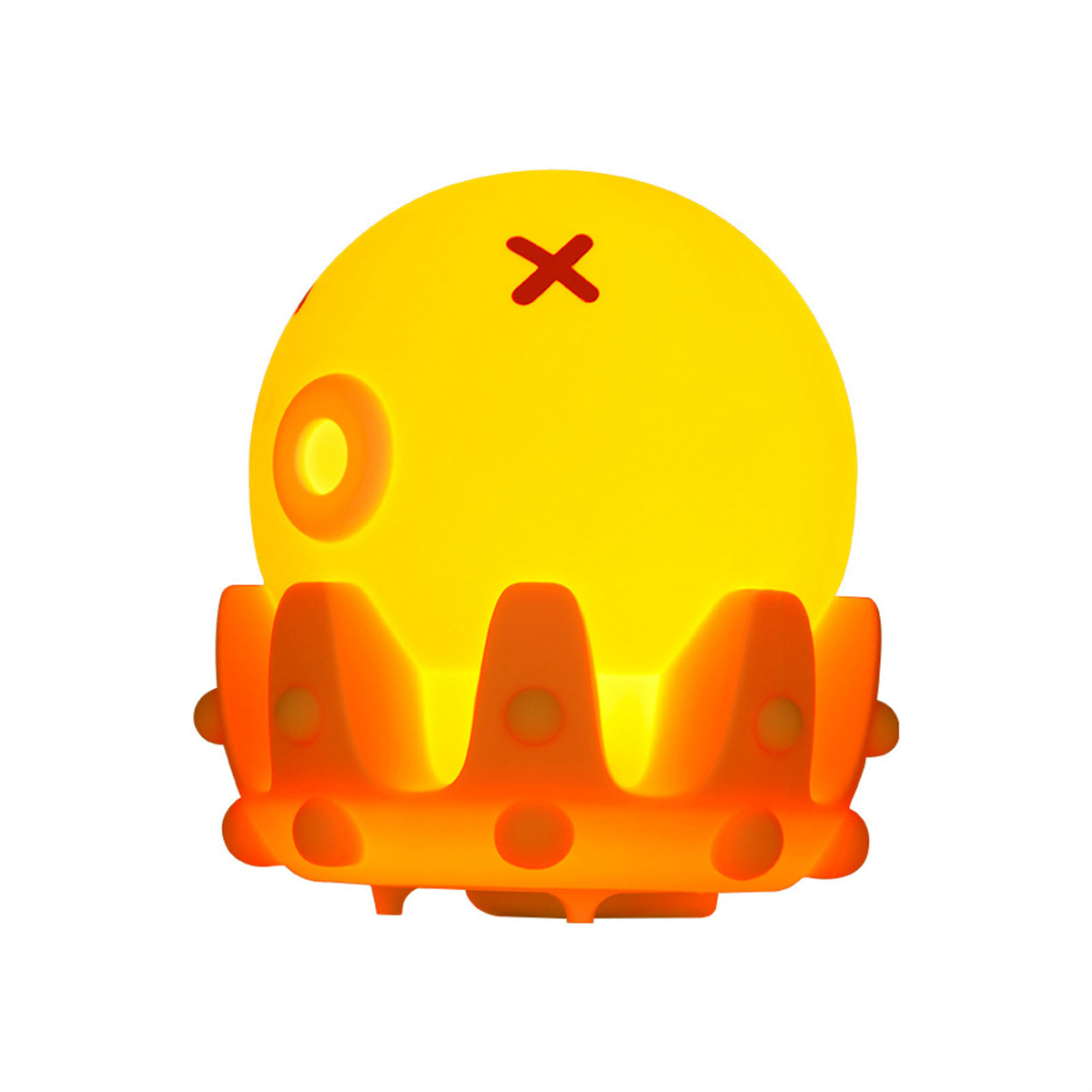 Gelbe Oktopus-Lampe mit rotem X-Auge und O-Mund. Sie hat einen orangefarbenen Sockel.