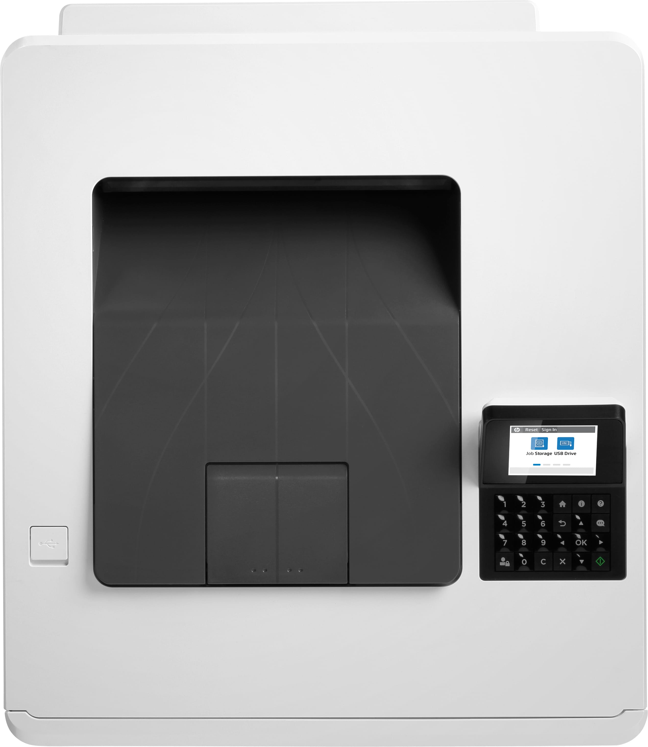 Biała drukarka z panelem sterowania i portem USB. Czarny ekran wyświetla tekst i cyfry.