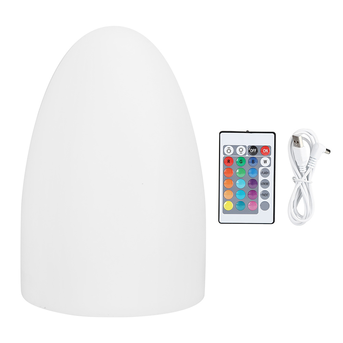 Eine weiße, eiförmige Lampe mit Fernbedienung und Ladekabel. Die Fernbedienung hat Farboptionen.