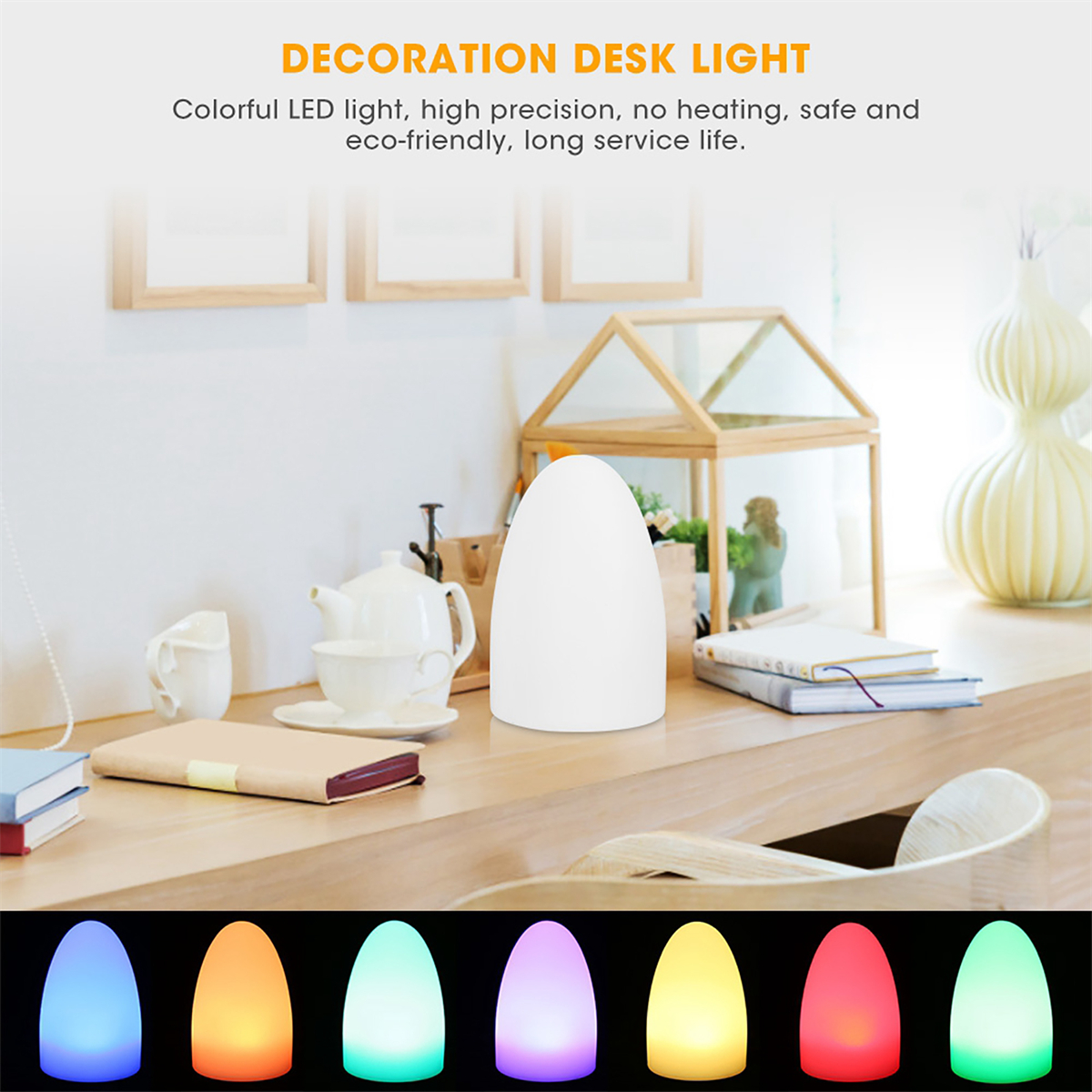 Eine weiße eiförmige LED-Schreibtischlampe auf einem Holztisch, mit farbigem Lichtspektrum.