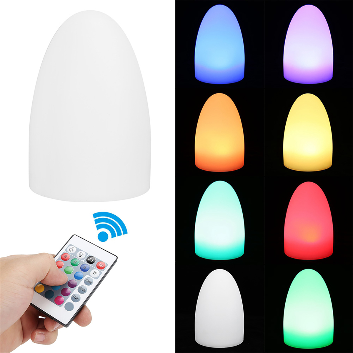 Eiförmige weiße Lampe mit Fernbedienung und Farboptionen. Schwarzer Hintergrund.