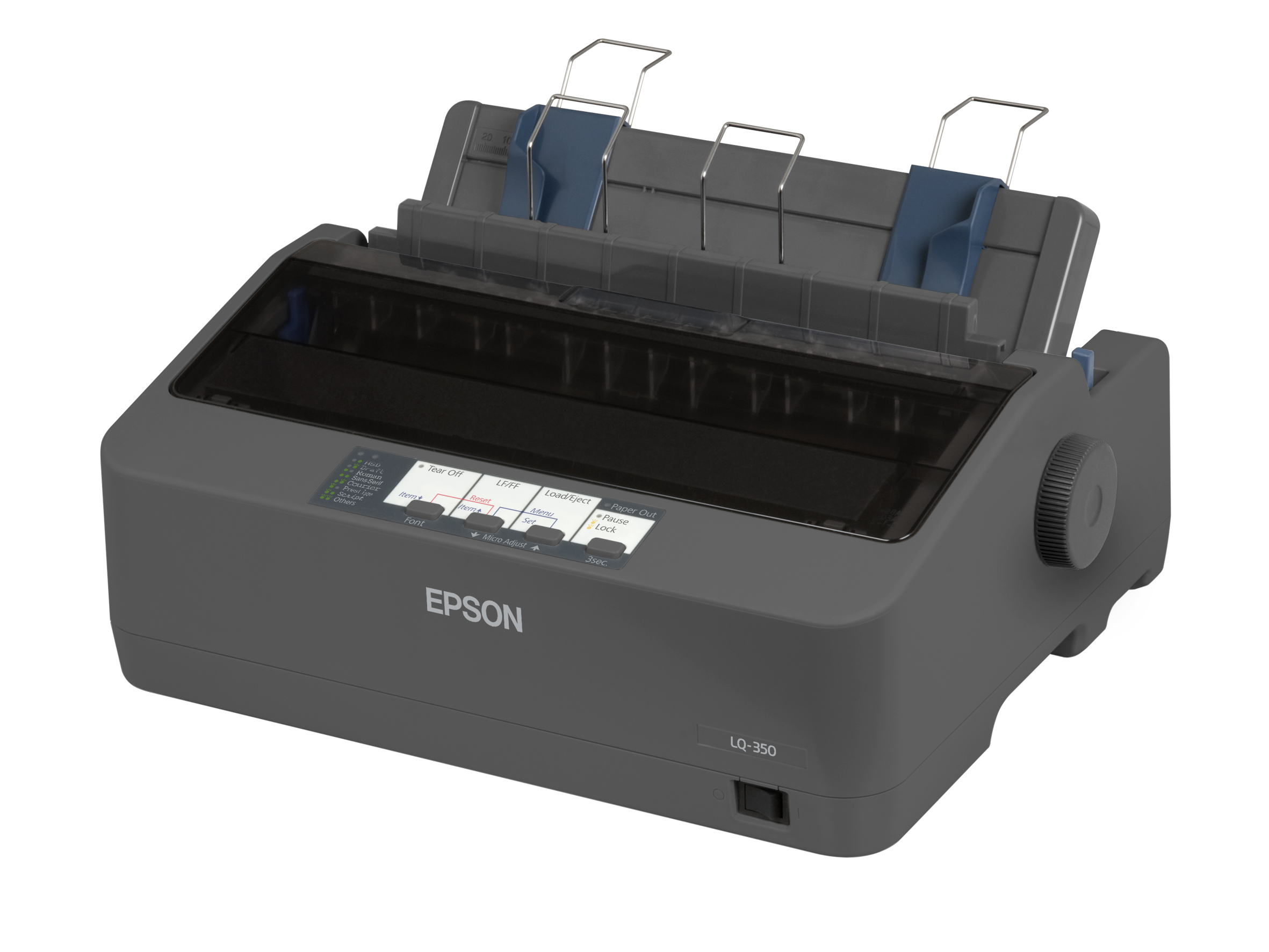 Szara drukarka Epson LQ-350. Z panelem sterowania i przyciskiem zasilania.