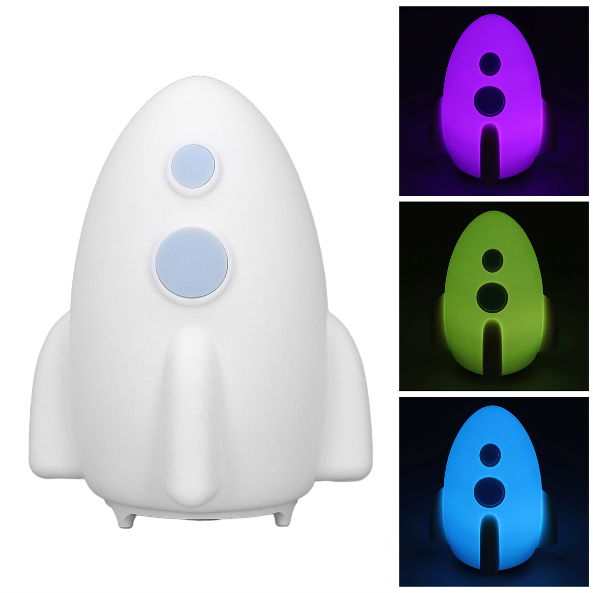Weiße Raketen-Nachtlampe, drei farbige Lichtbeispiele: lila, grün und blau.