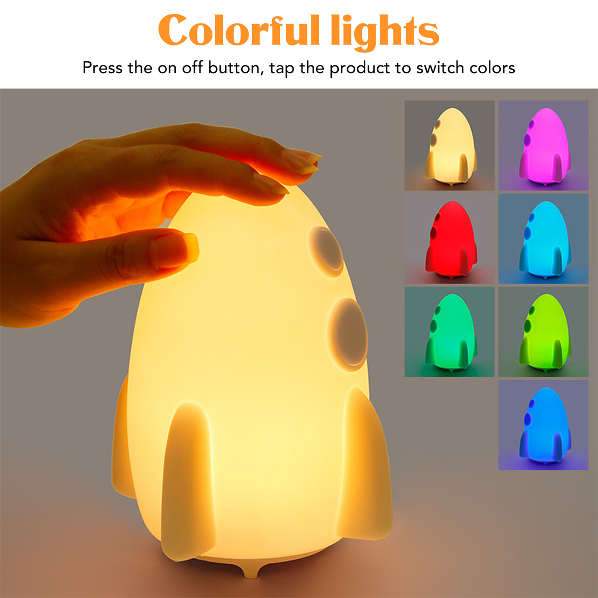 Raketenförmige Lampe mit Farboptionen. Eine Hand berührt sie.