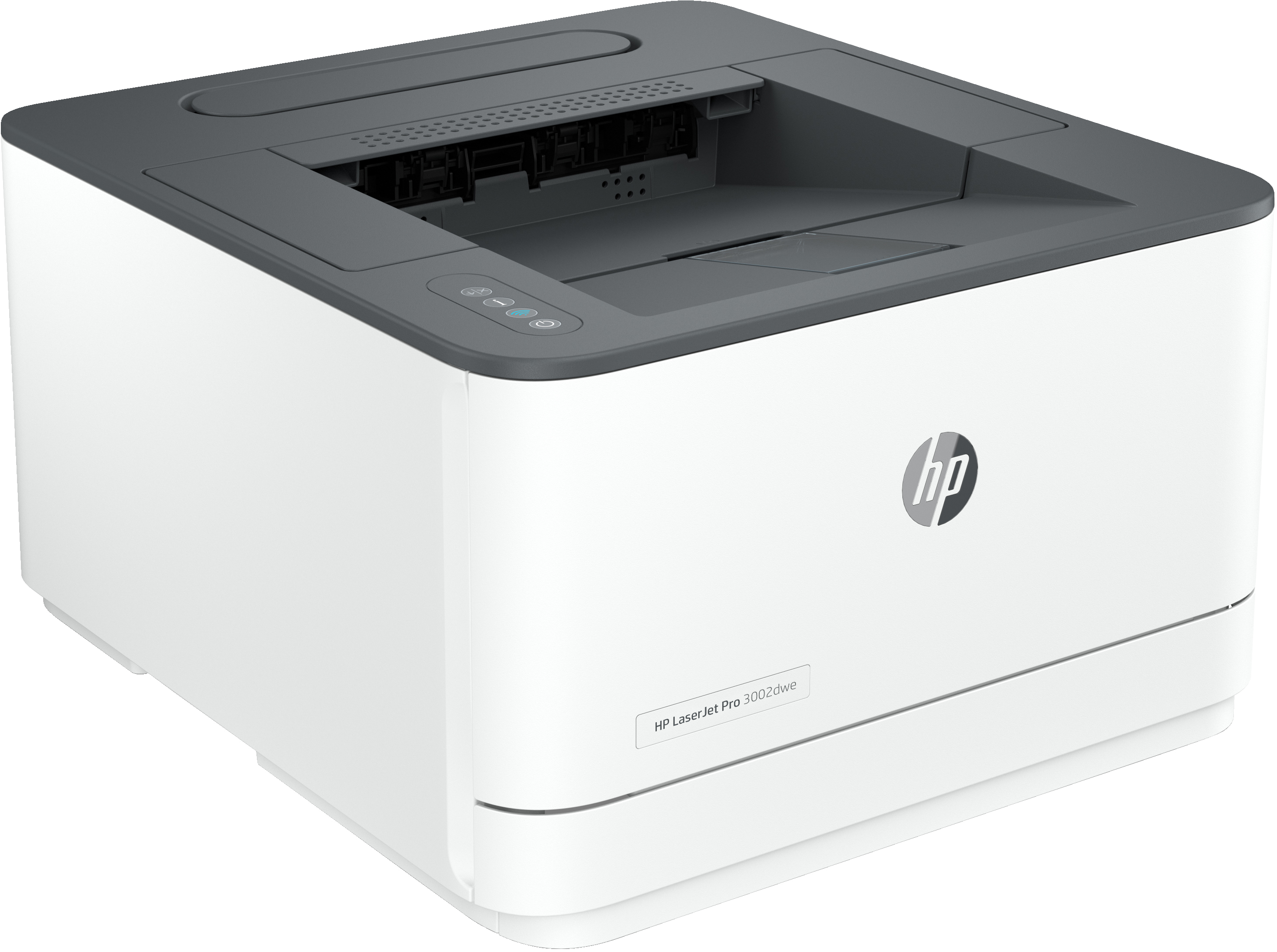 Biała drukarka HP LaserJet Pro 3002dw, widok z boku. Drukarka stoi na białej powierzchni.