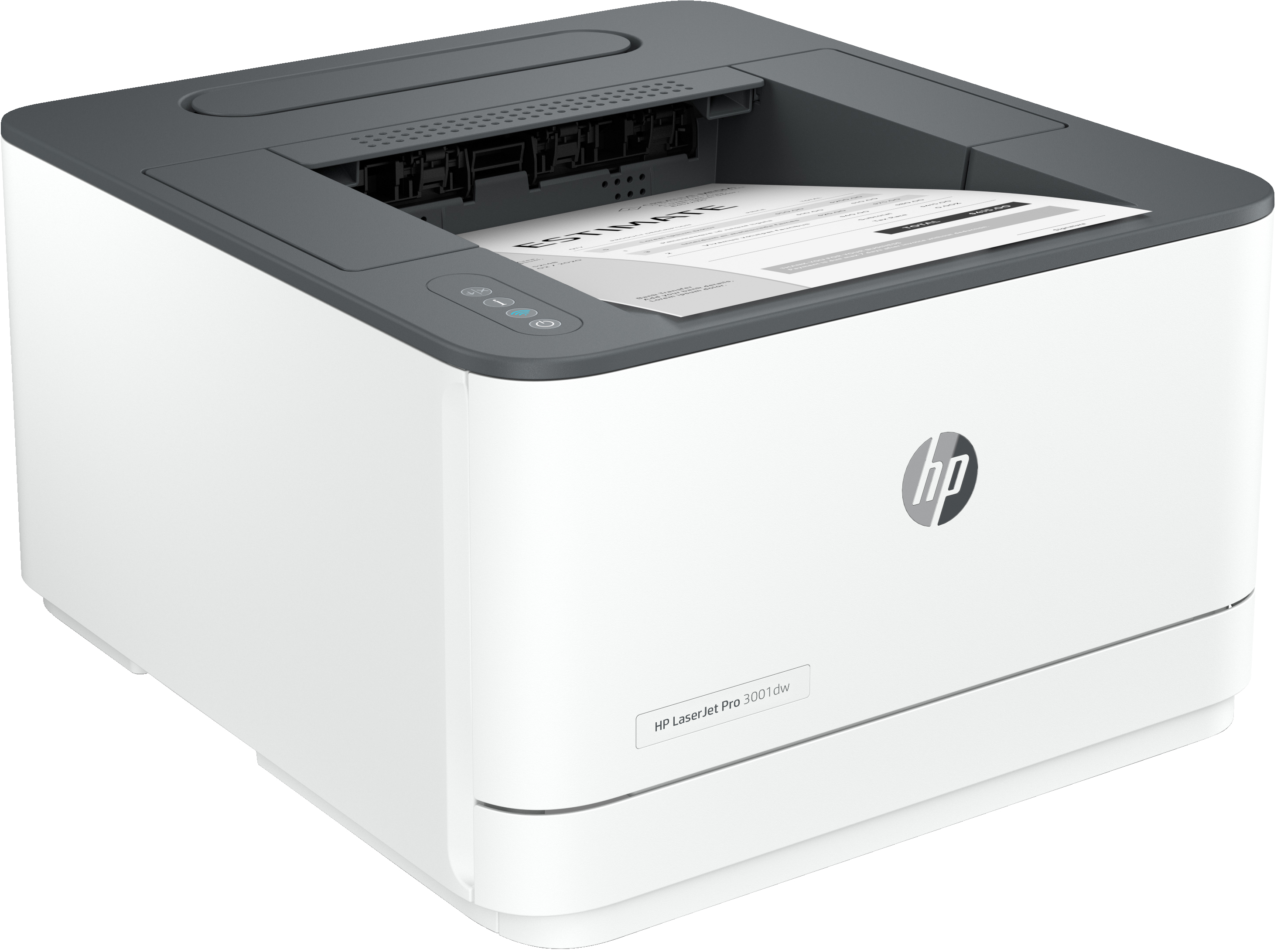 Biała drukarka HP Laserjet Pro 3001dw. Widok pod kątem z logo HP, papierem w tacy i panelem sterowania.