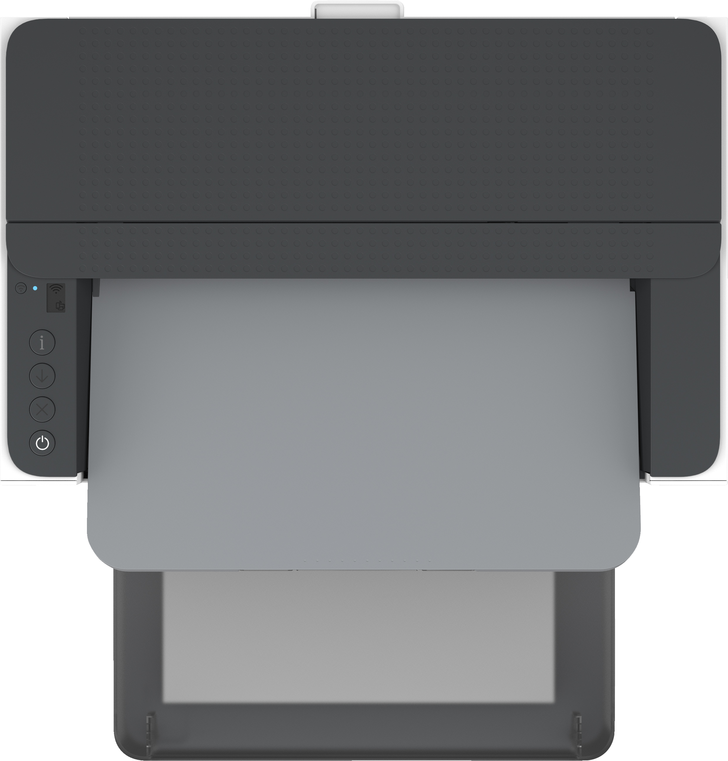 Drukarka z góry. Taca na papier jest otwarta. Przyciski widoczne z przodu.