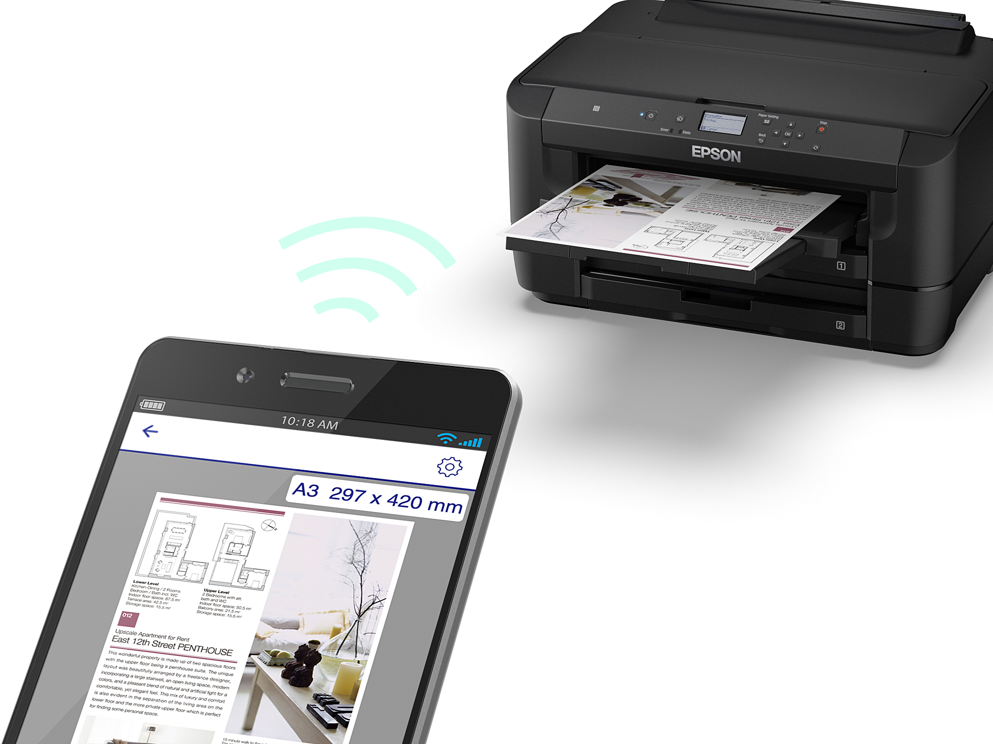 Una stampante Epson viene mostrata collegata a uno smartphone. Il telefono visualizza un documento. La stampante sta stampando il documento.