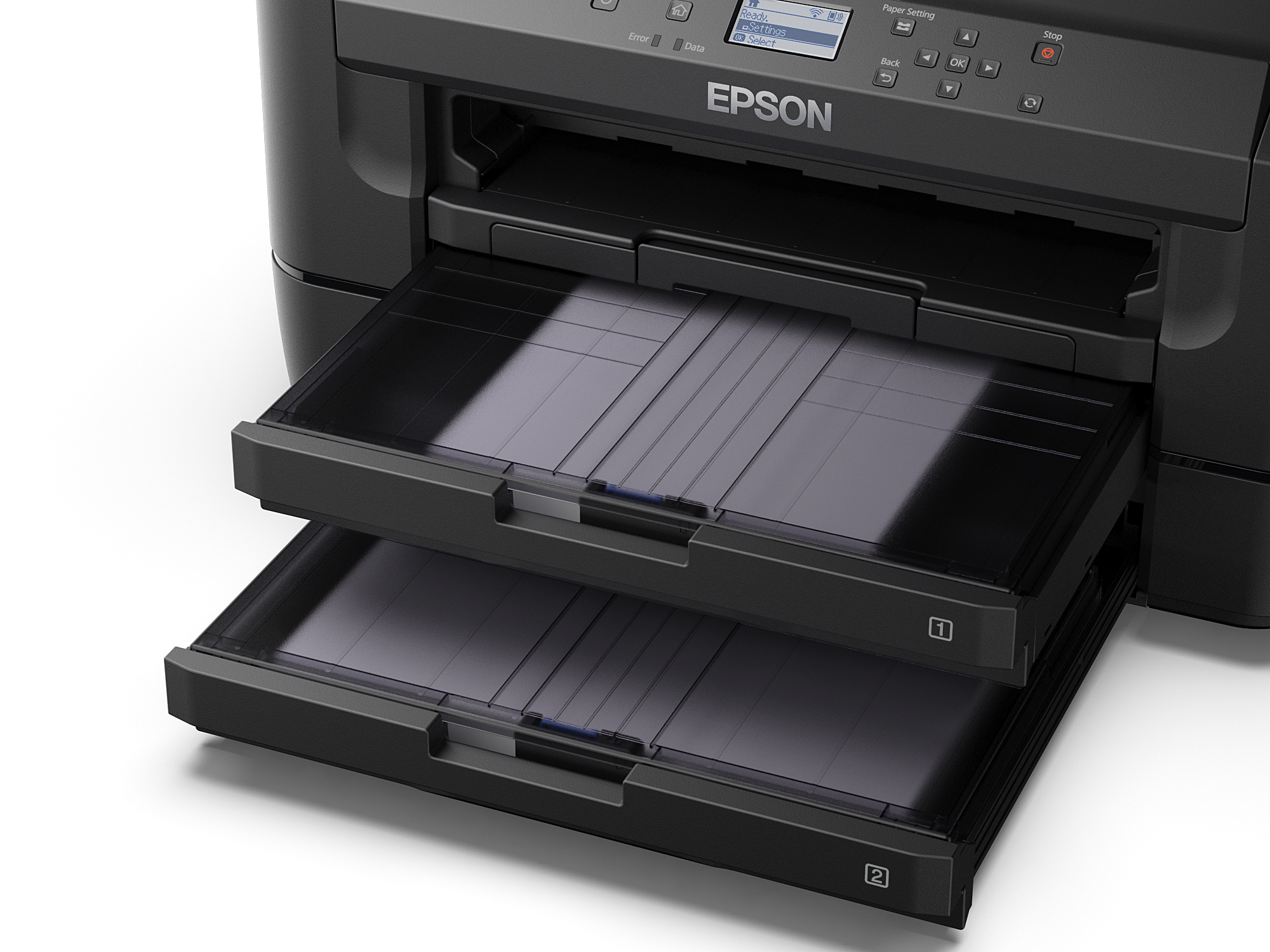 Stampante Epson con due vassoi di carta estesi. Colori nero e grigio. Sfondo bianco.