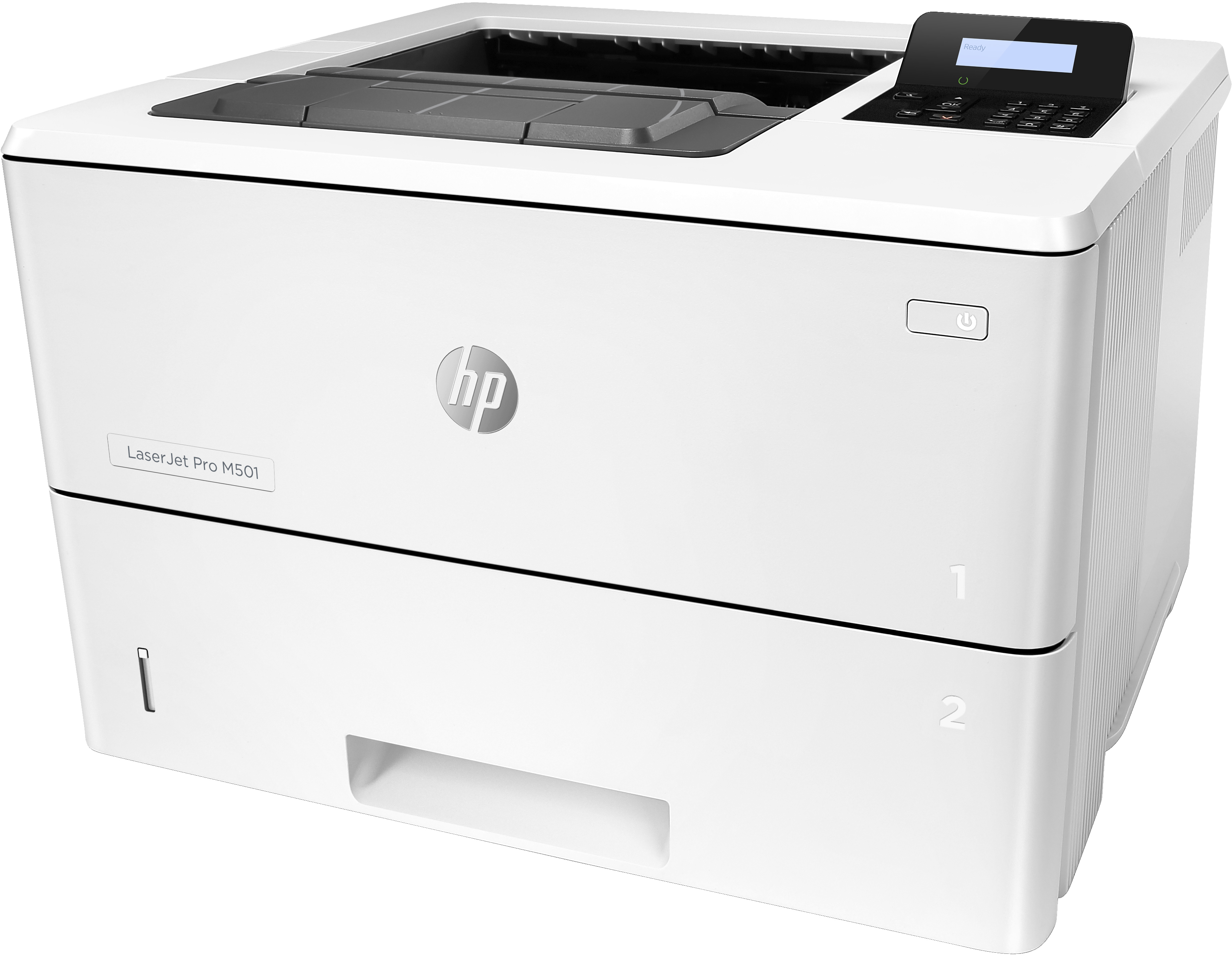 Biała drukarka laserowa z logo 'HP', oznaczona 'LaserJet Pro M501' i panelem sterowania.