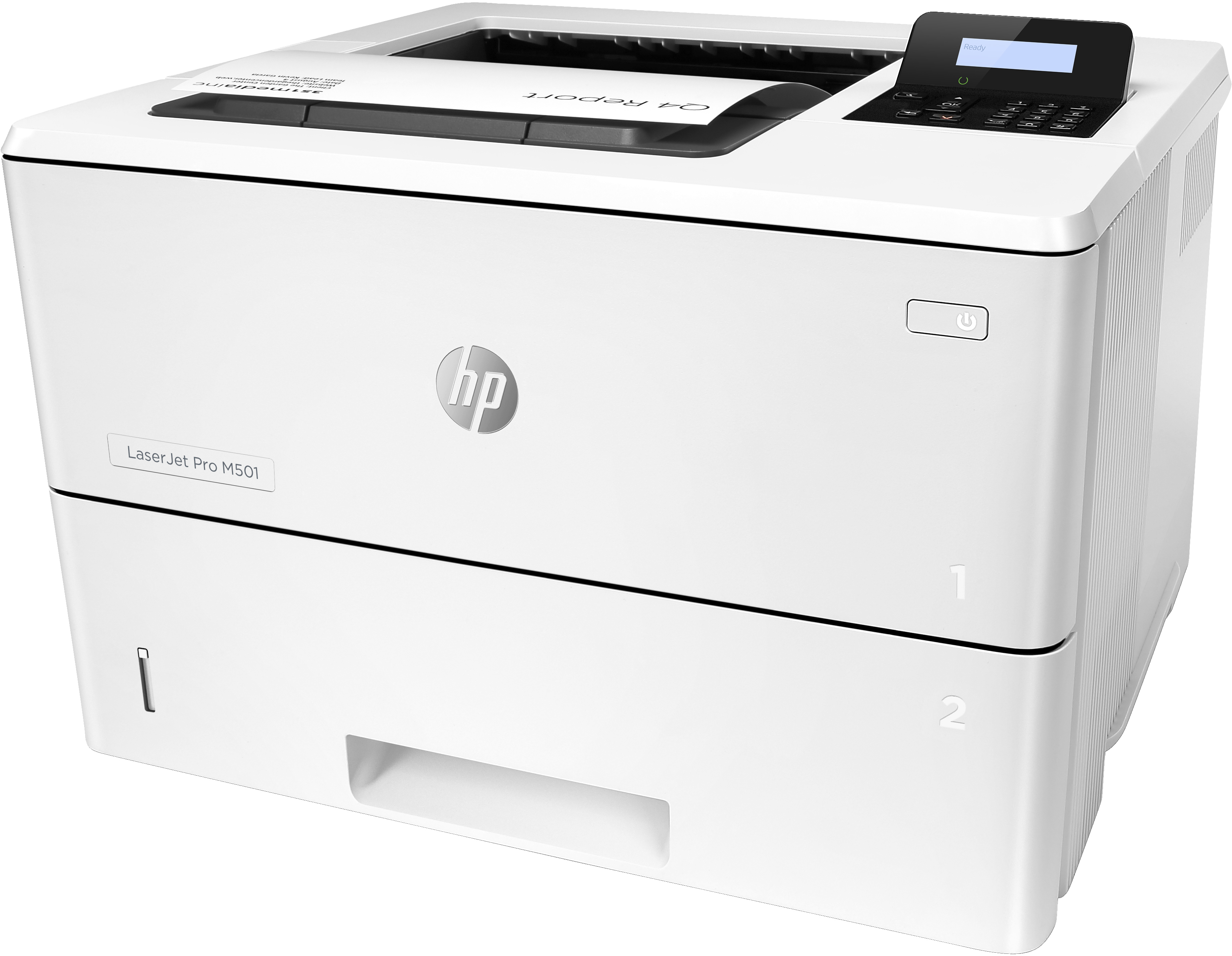 Biała drukarka z dokumentem. To HP Laser Jet Pro M501.