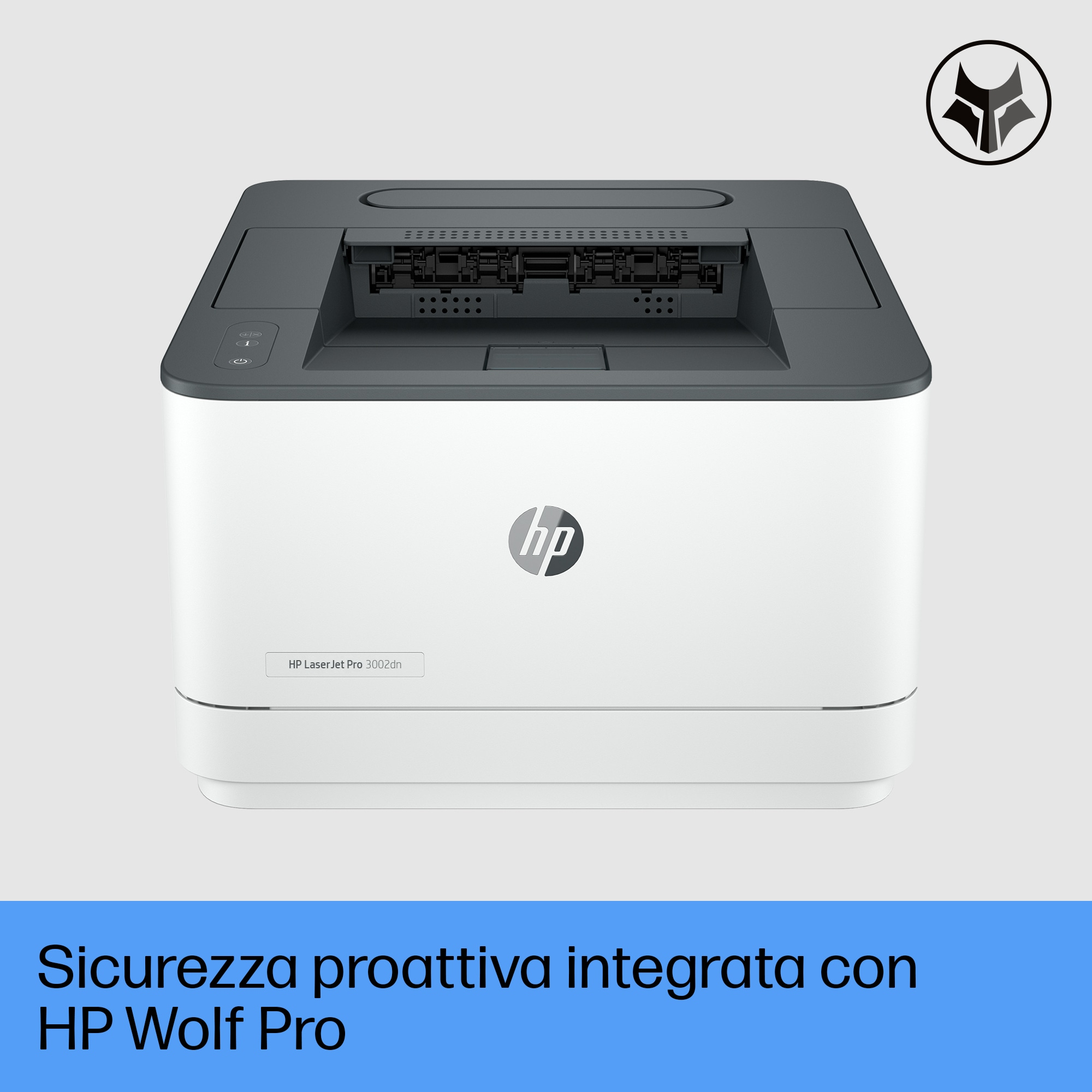 Drukarka HP jest biała, z szarą górą. Tekst na obrazku mówi: HP Wolf Pro.