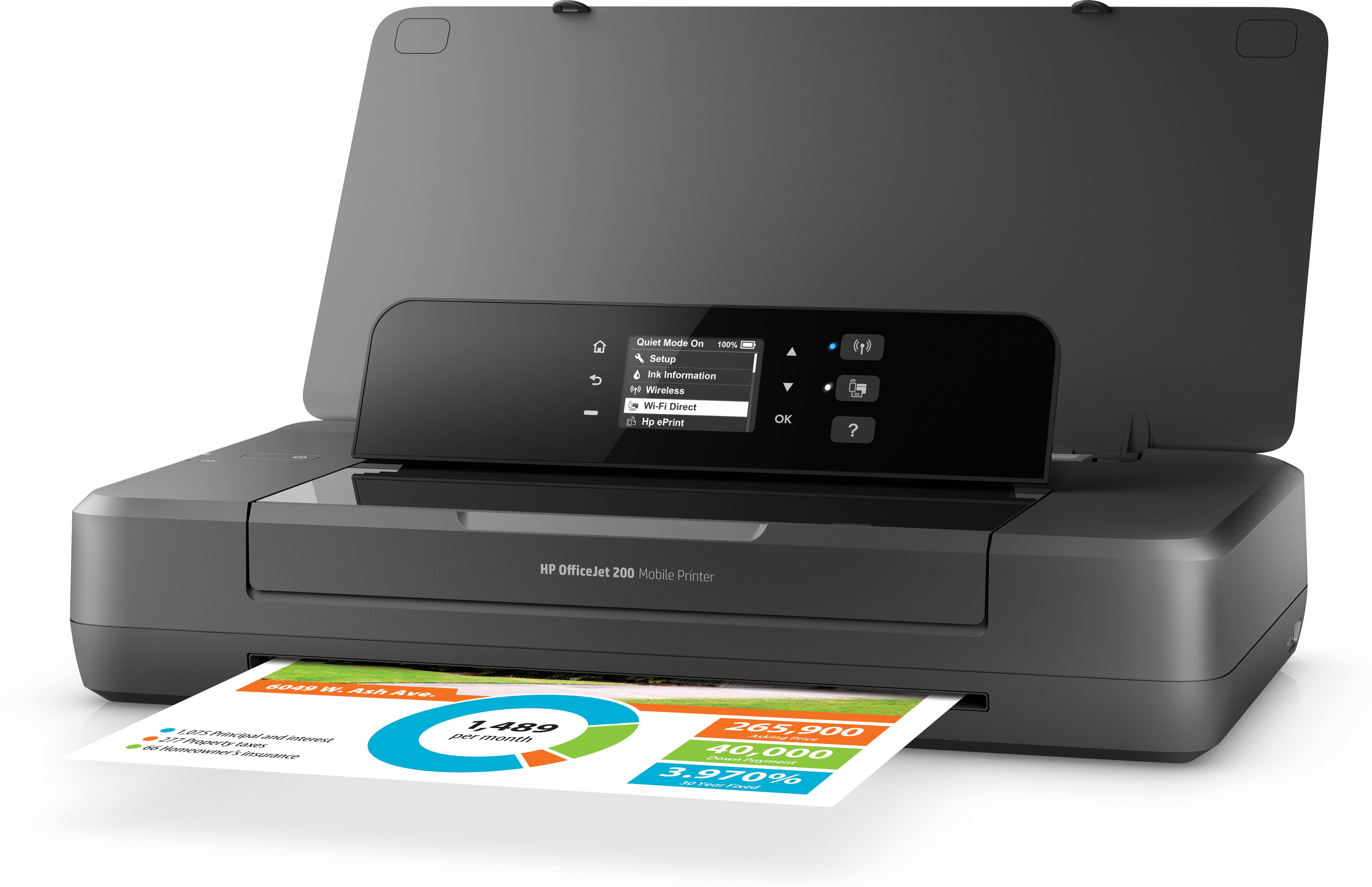 A white and grey mobile printer printing a color chart on a white surface.