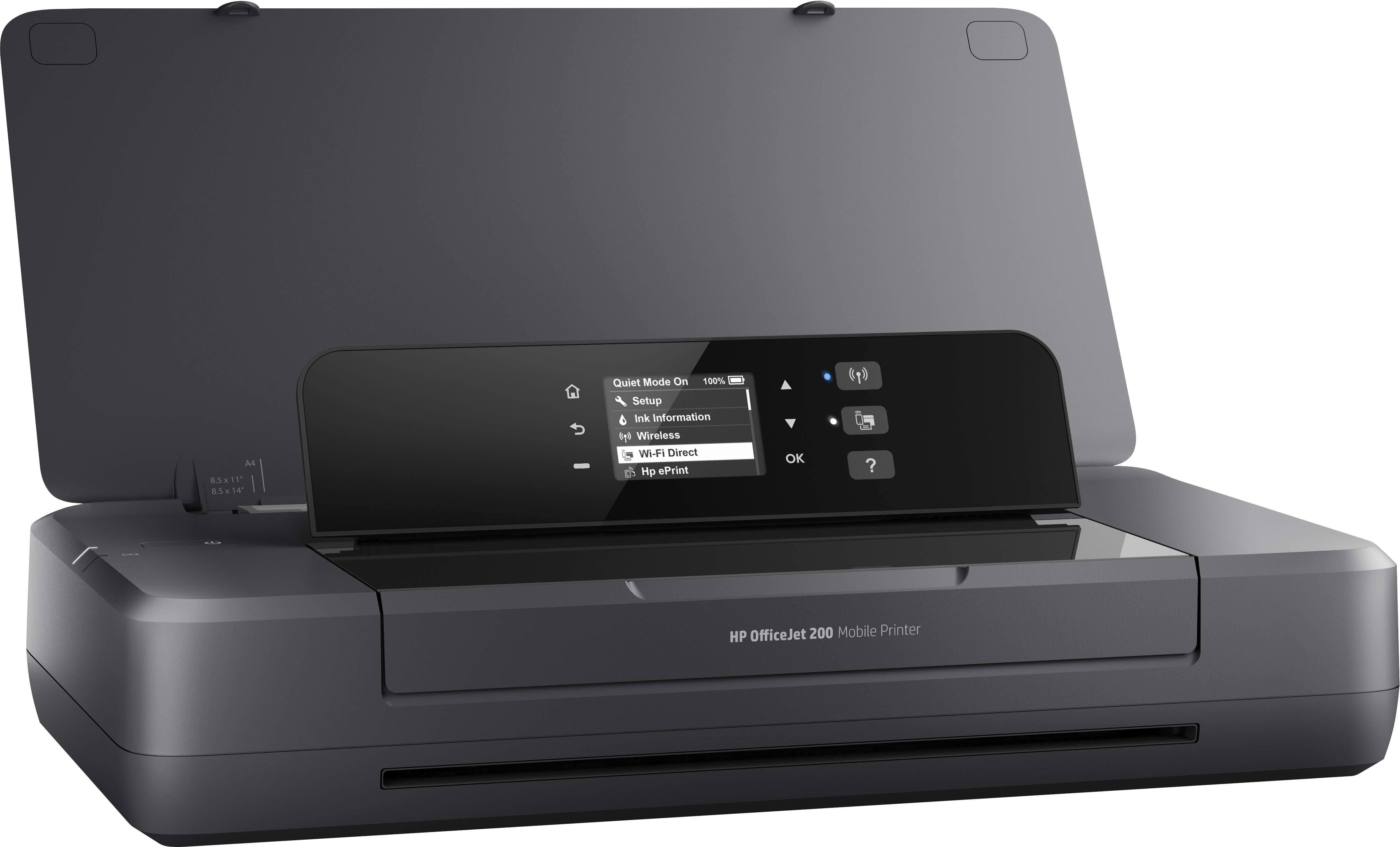Black HP OfficeJet 200 printer with opened lid, screen on top. White background.