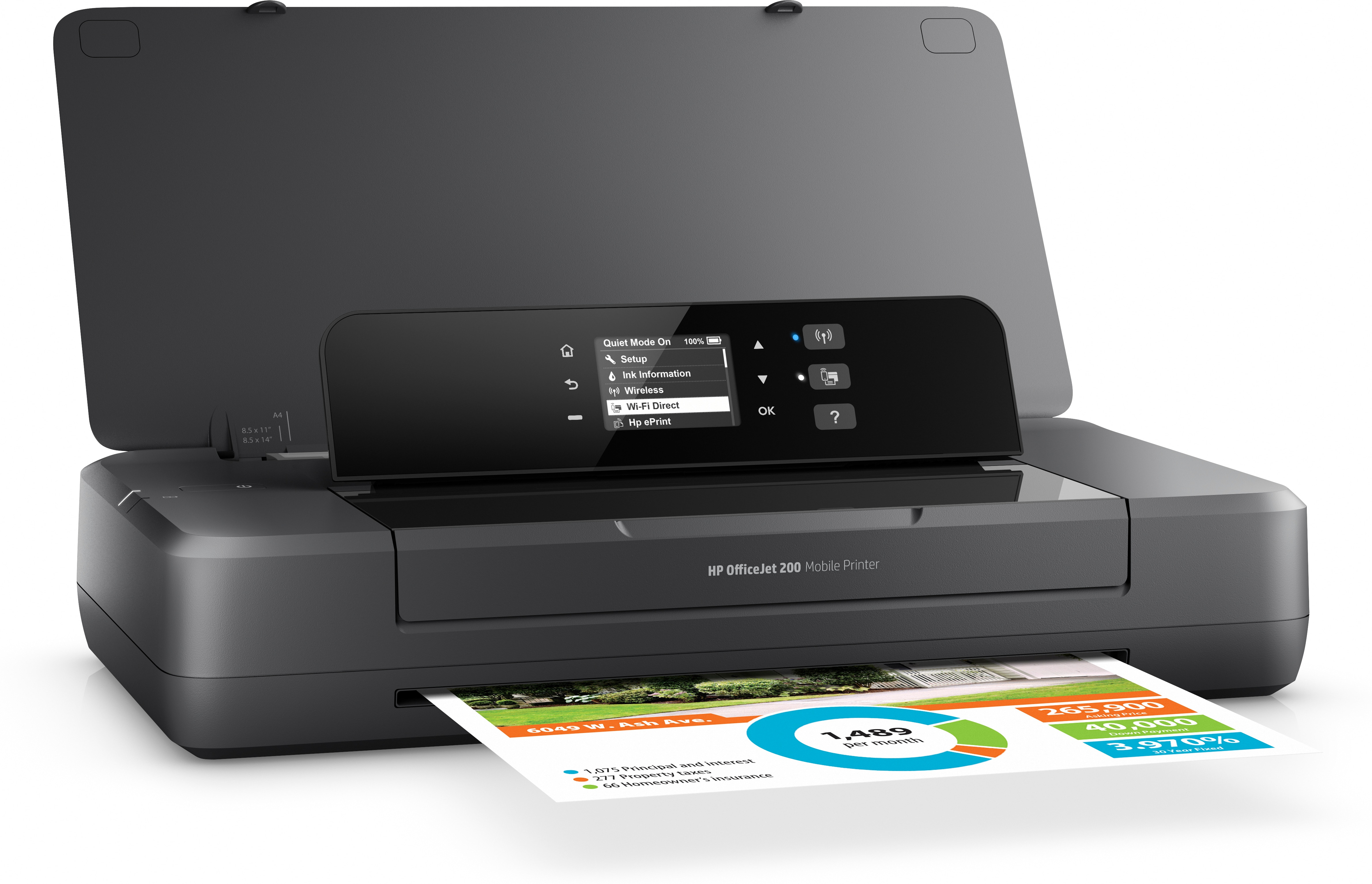 White and gray printer with paper tray open. The HP logo is visible.
